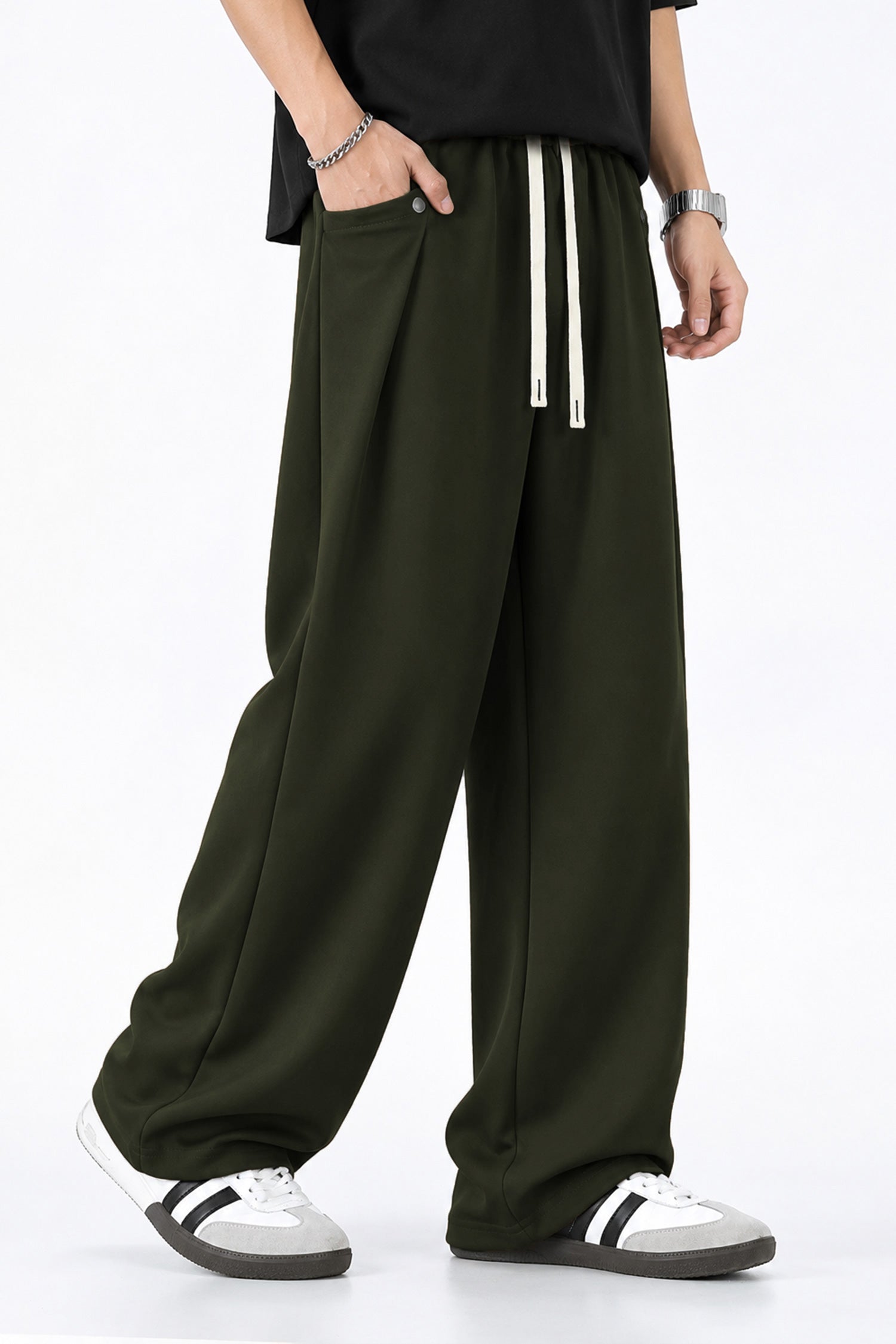 Turbo Drawstring Loose Bottom Trouser In Olive Green