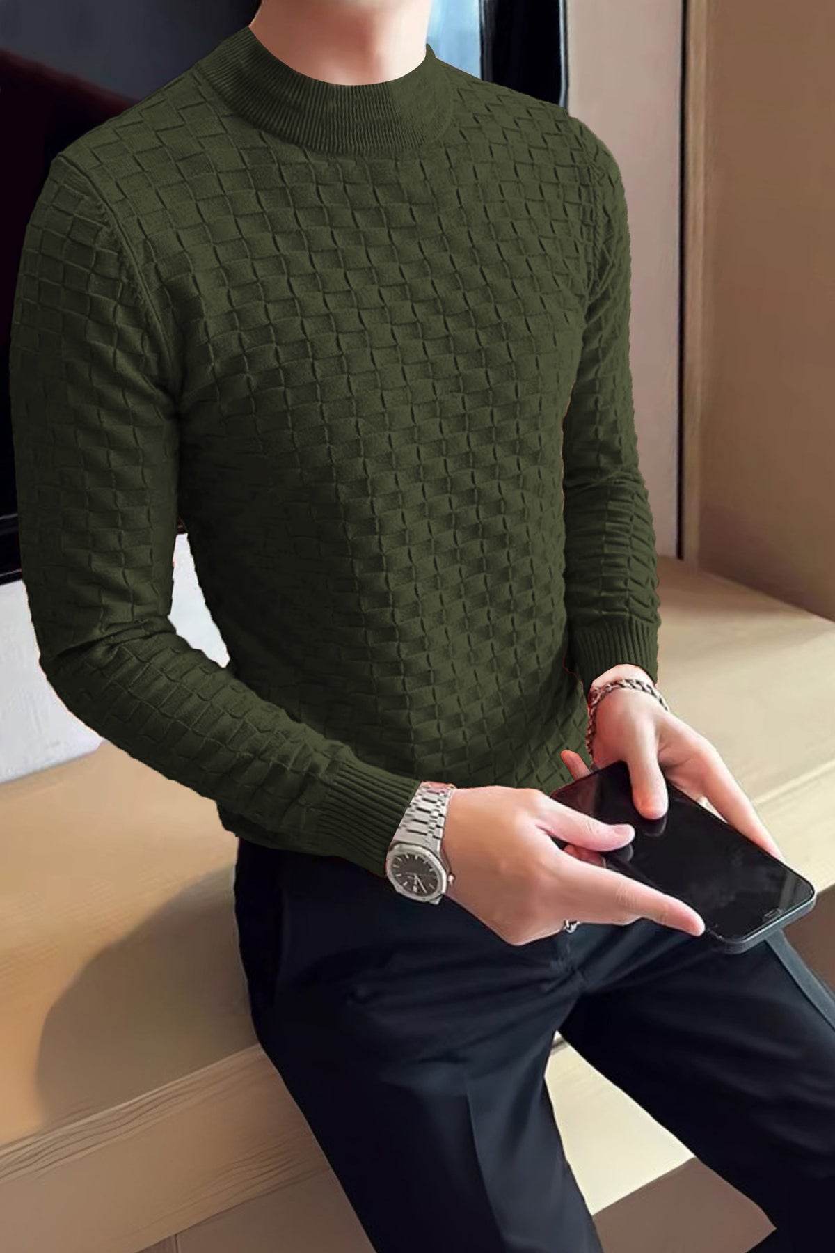 Pullover Waffle Crew-Neck Imported Men's Sweater