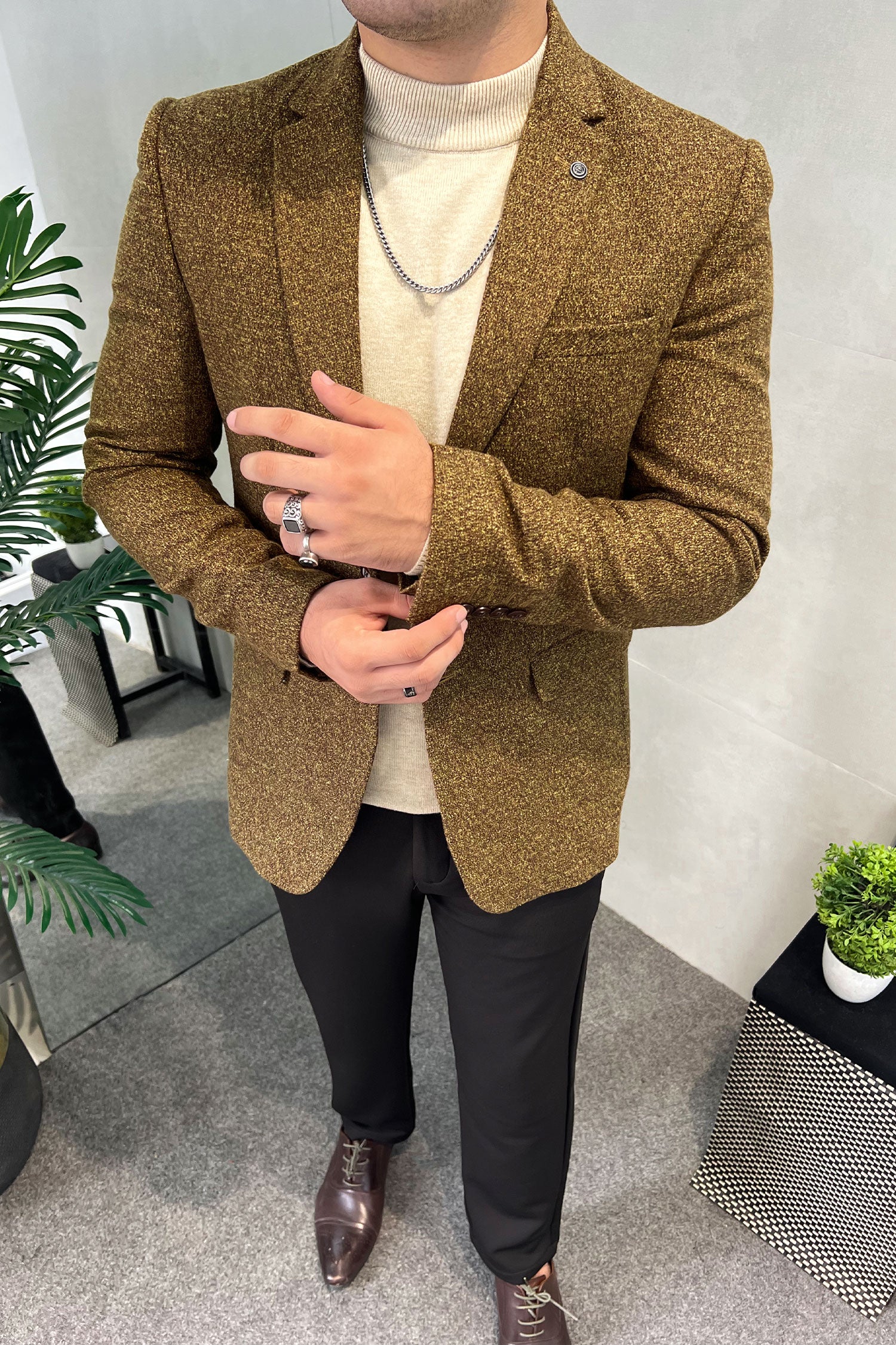 Turbo Herring-Bone Tweed Imported Men Blazer In Olive Brown