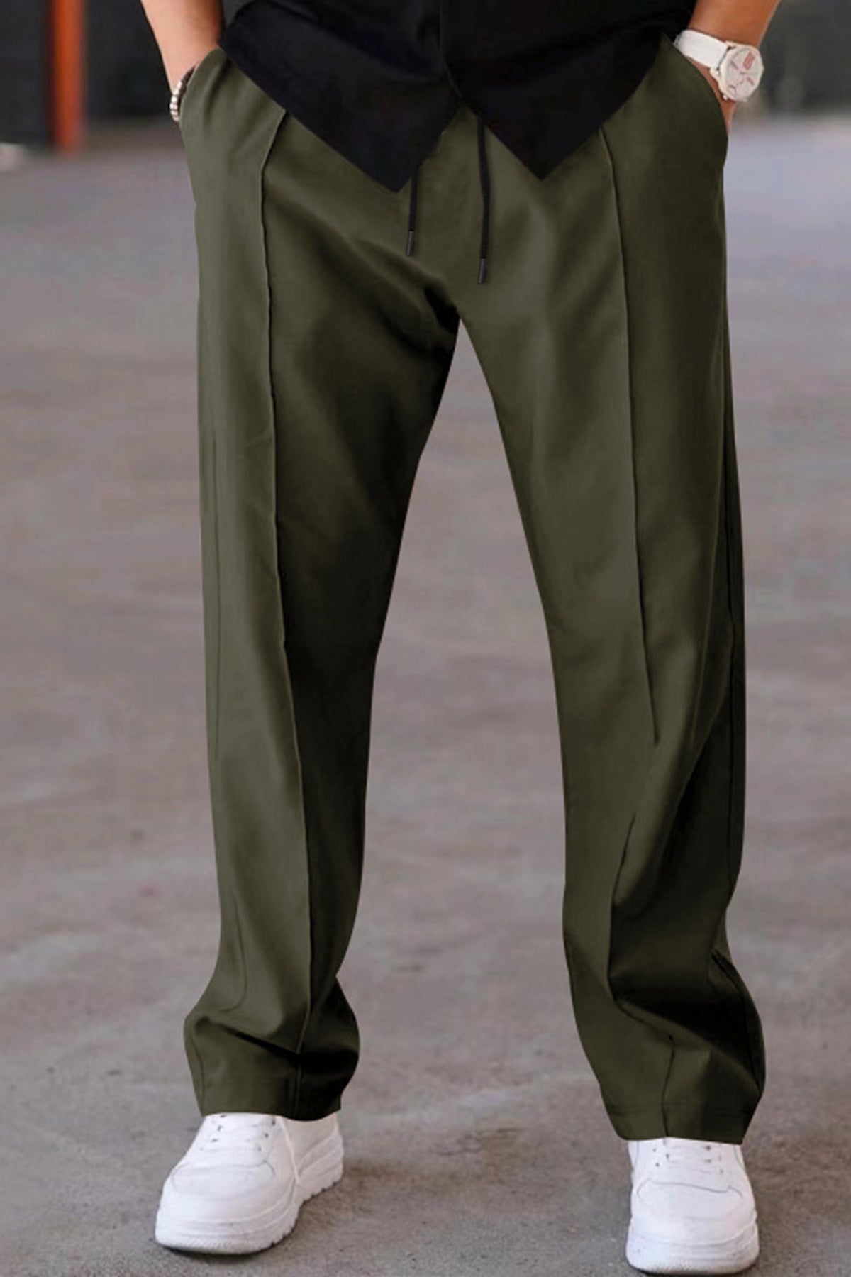 Plain Stripe Line Loose Bottom Trouser In Olive