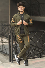 Turbo Diagonal Stripes Men Zipper Tracksuit In Dark Green