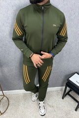 Turbo Diagonal Stripes Men Zipper Tracksuit In Dark Green