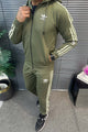 Adds Contrast Triple-Stripe Hooded Men's Co-Ord Set In Olive