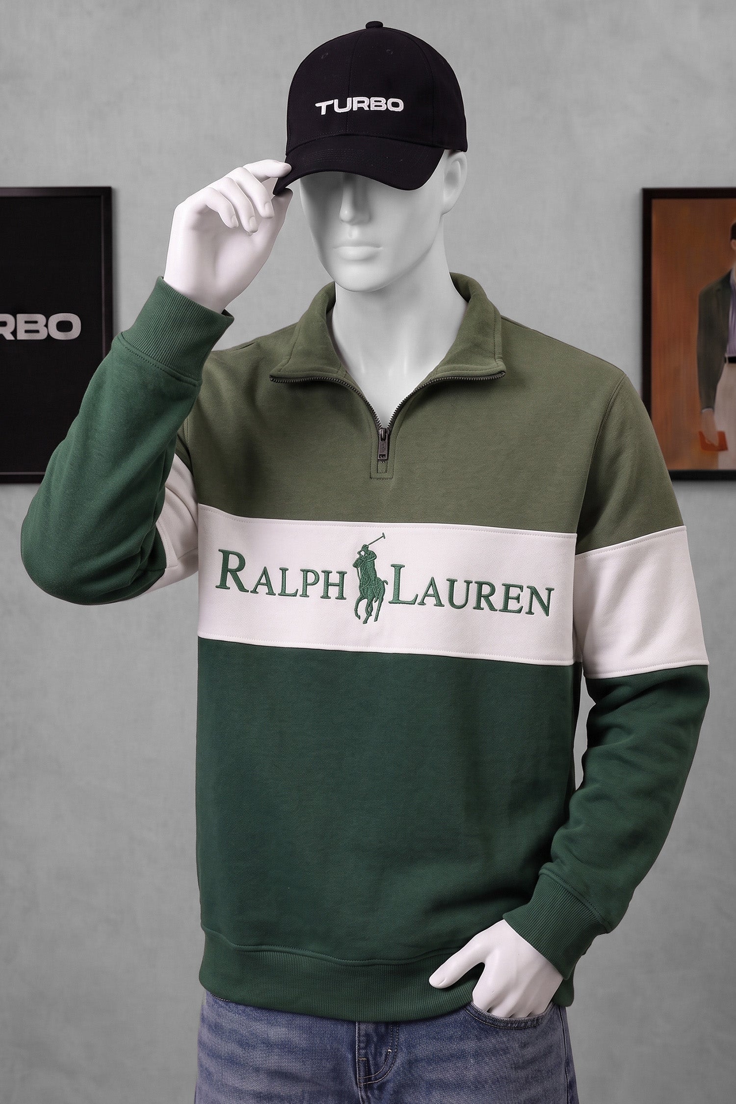 Plo Rph Lren Heritage Mock-Neck Zip Style Men's Sweatshirt In Olive