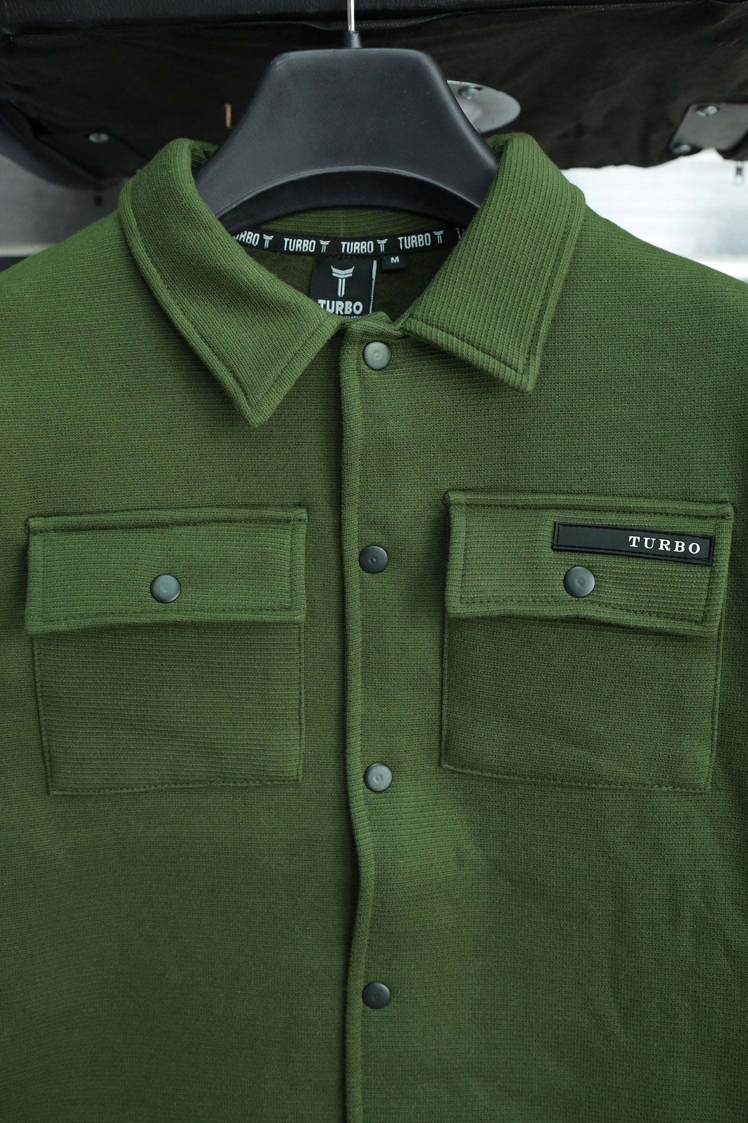 Front Flap Pocket Collar Motif Waffle Knit Jacket In Olive