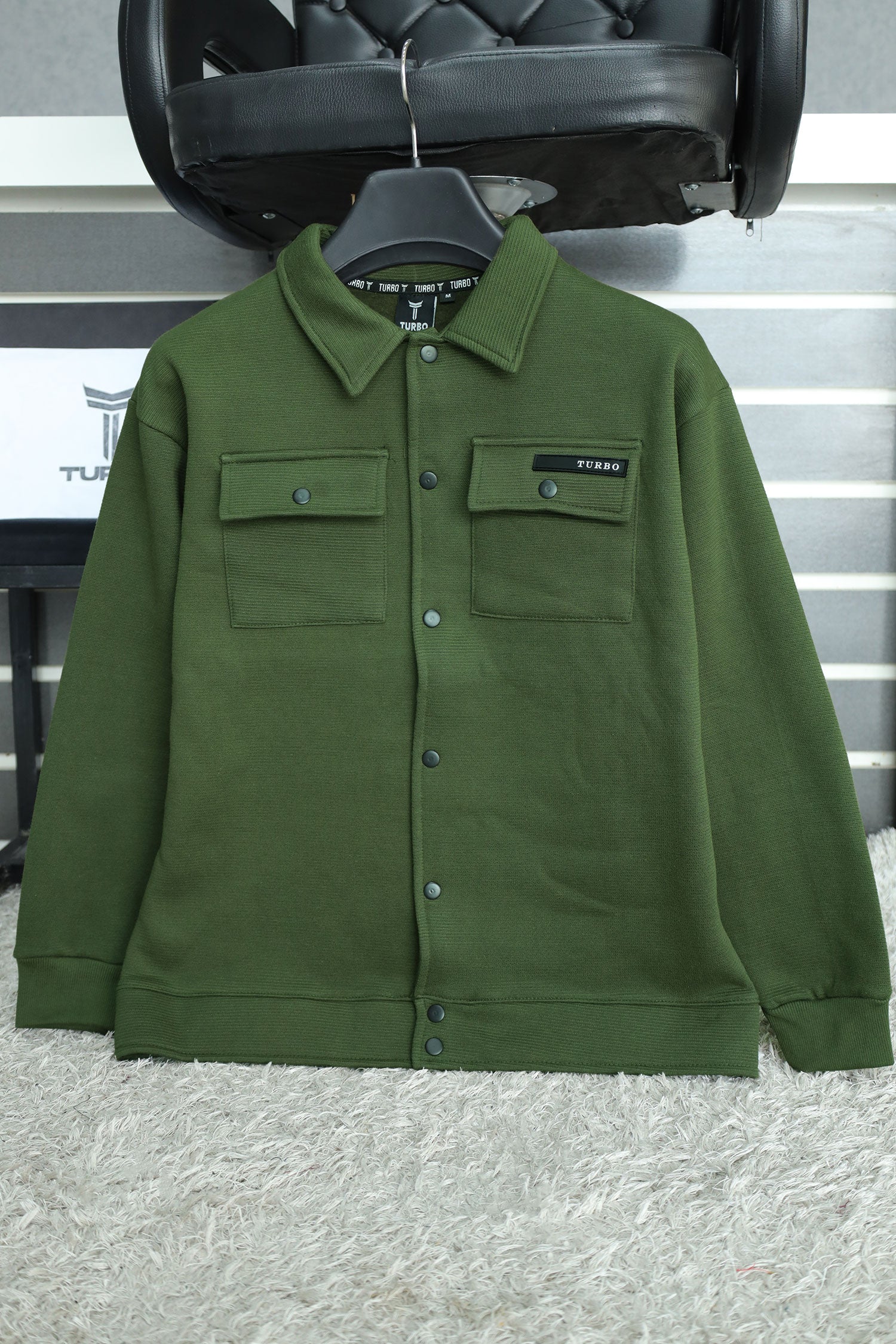 Front Flap Pocket Collar Motif Waffle Knit Jacket In Olive