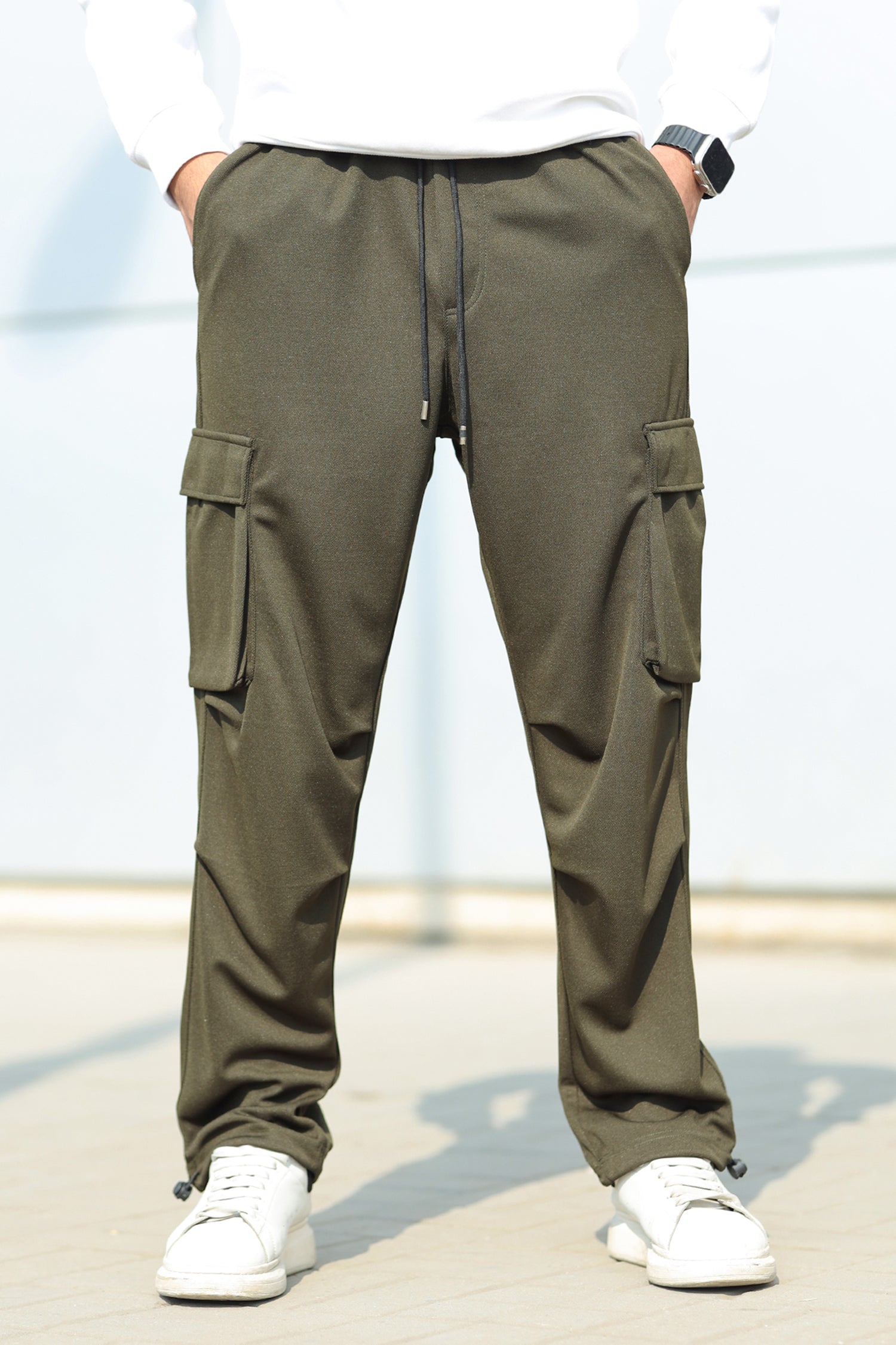 Turbo 6 Pockets Loose Bottom Imported Pk Cotton Baggy Trouser In Olive