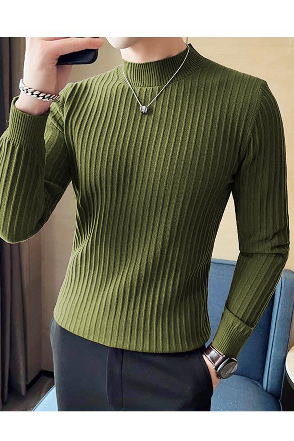 Comfortable Textured Lining Mock Neck Men's Sweatshirt In Olive