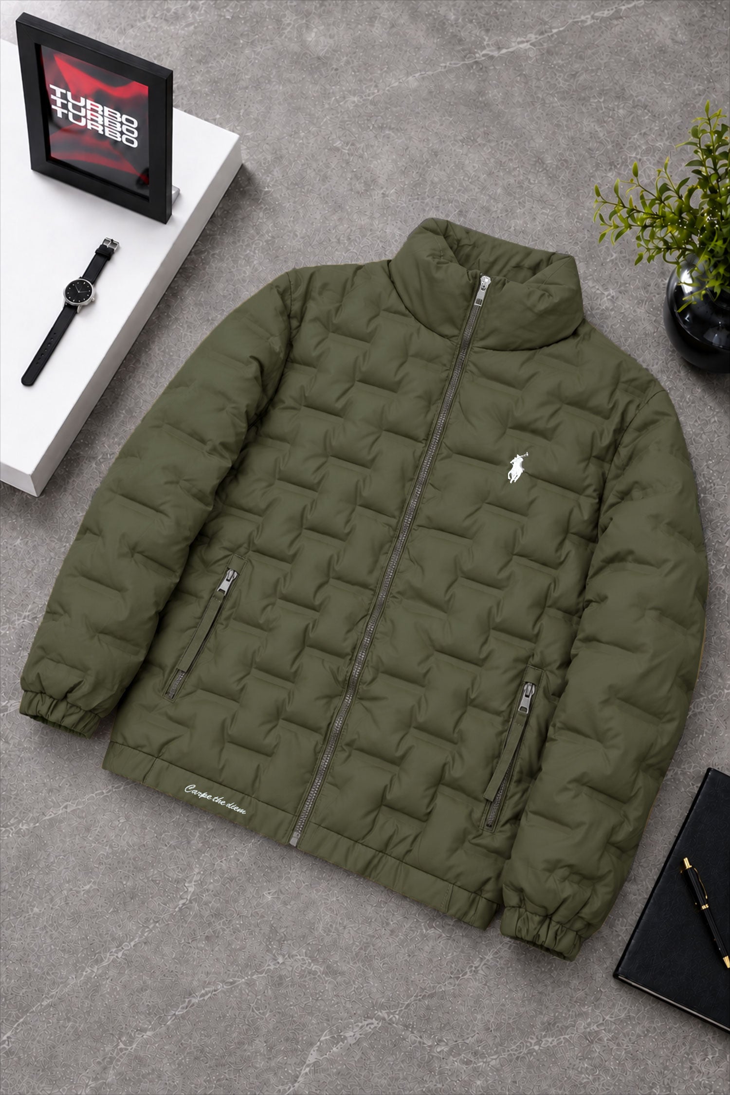 Polo Brick-Quilted Pattern Imported Puffer Jacket In Olive
