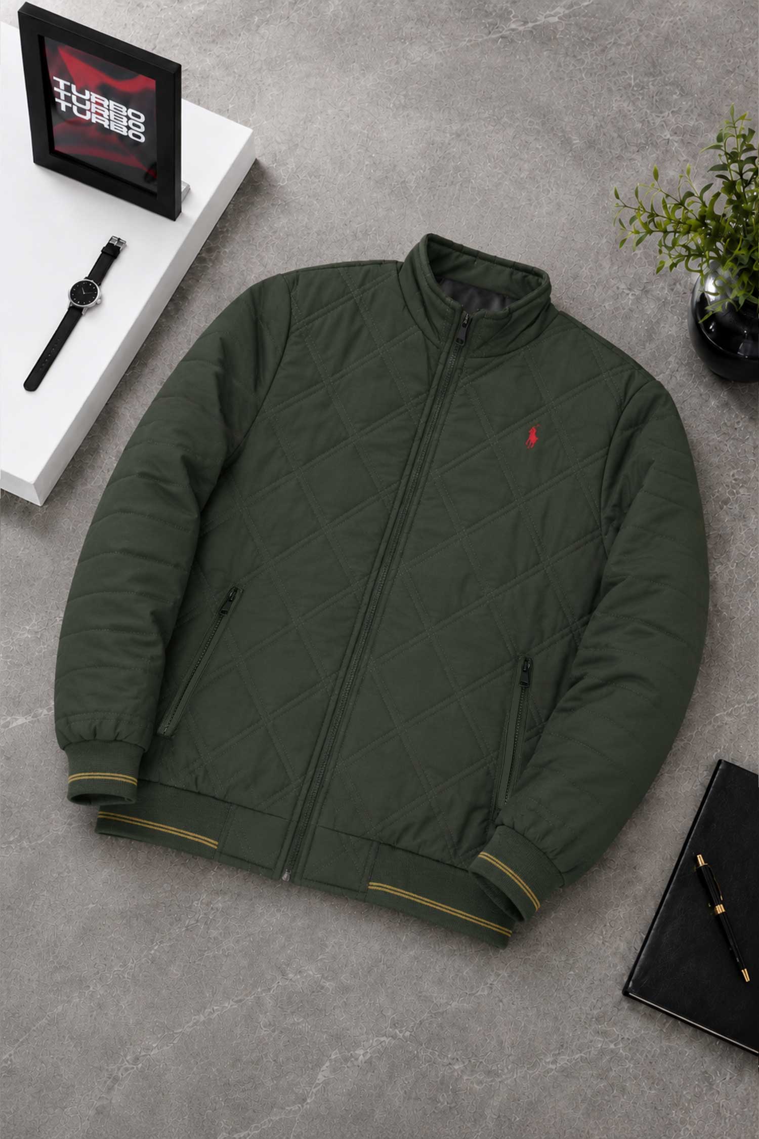 Polo R//L Quilted Diamond Cut Imported Parachute Puffer Jacket In Olive