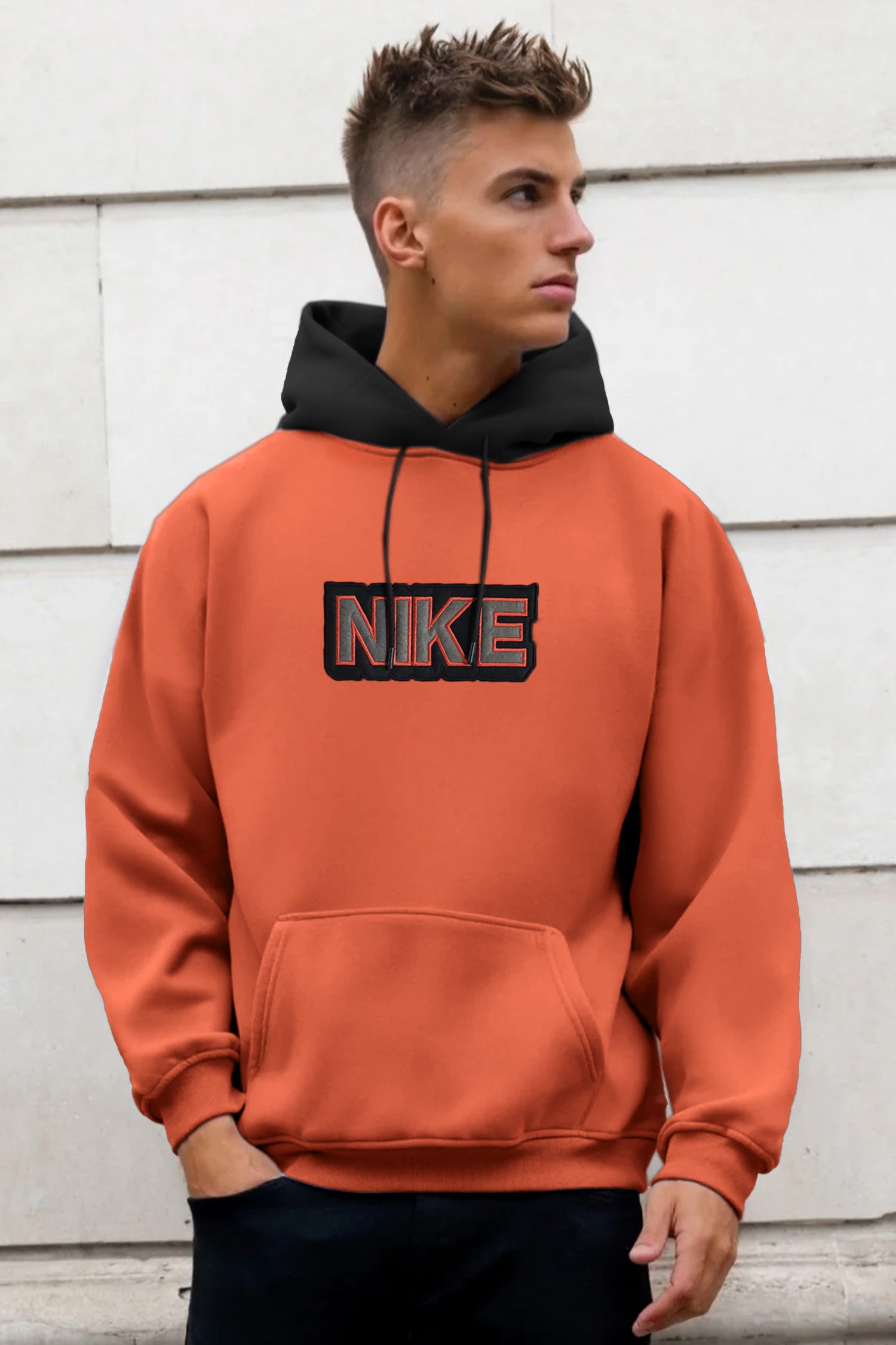 Nke Vintage Dual Tone Aplic Patched Fleece Hoodie In Orange&Black