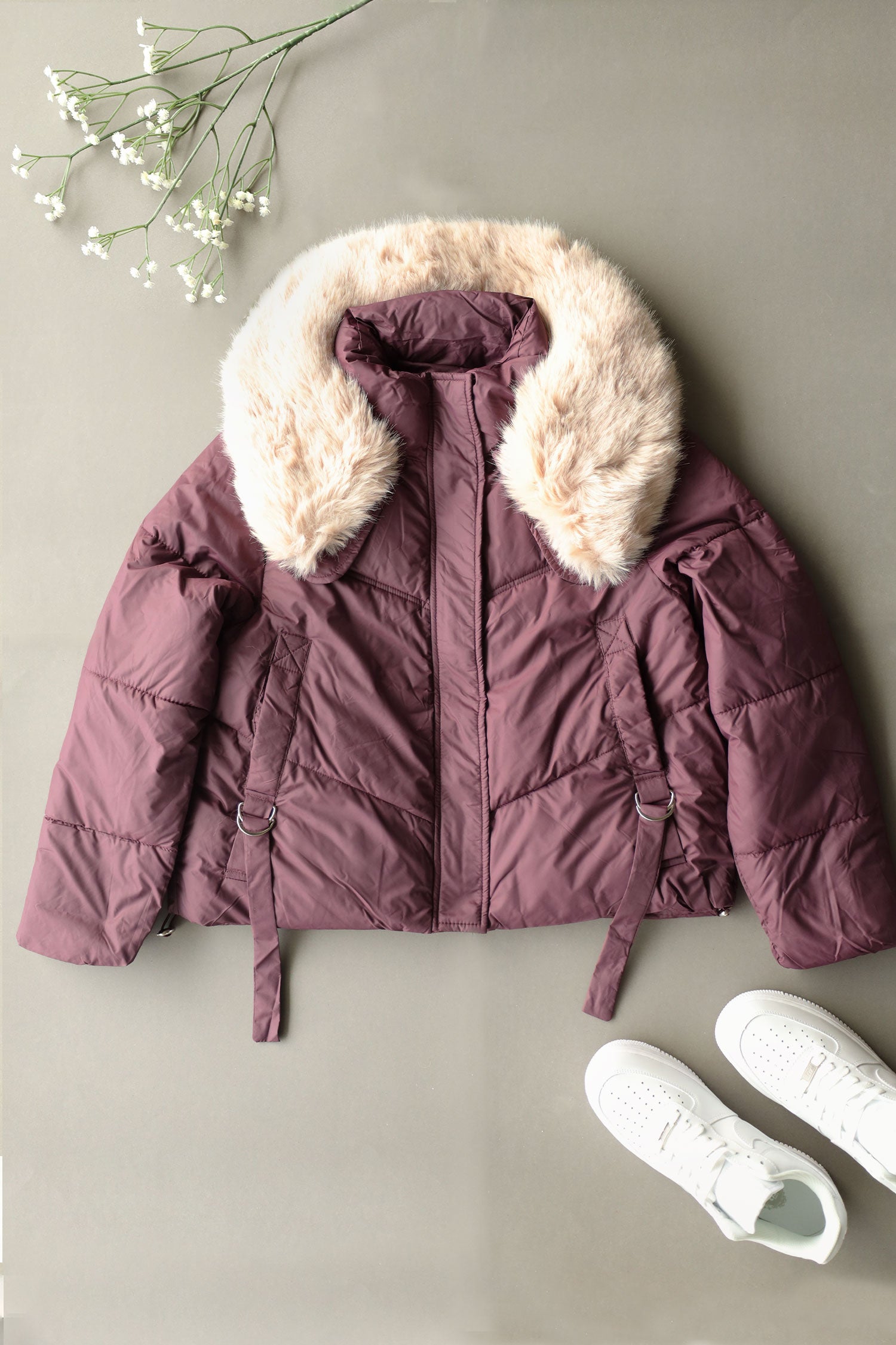 Fur Collar Trimmed Quilted Women Imported Puffer Jacket