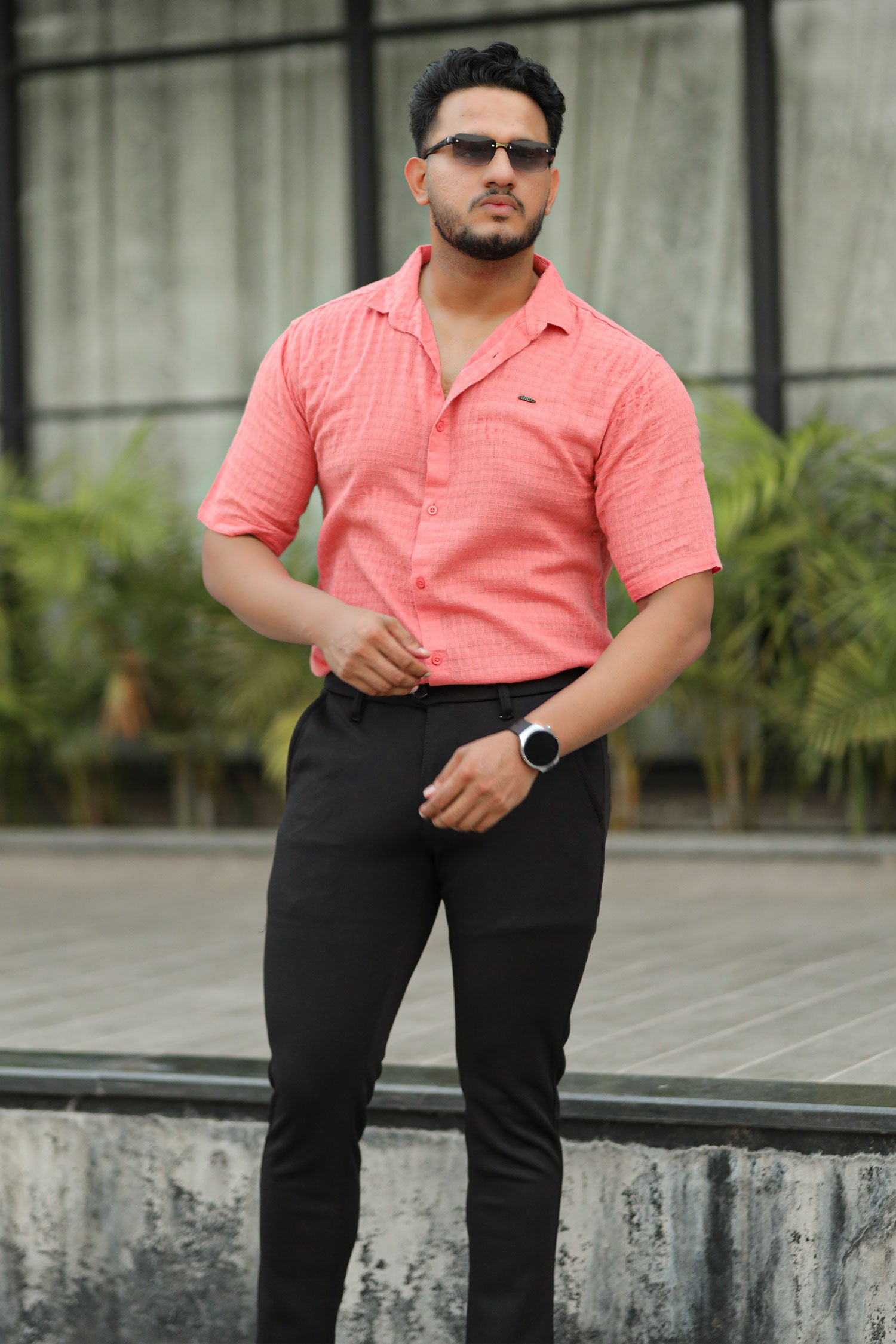 Turbo Designer Motif Embossed Casual Shirt In Pastel Pink