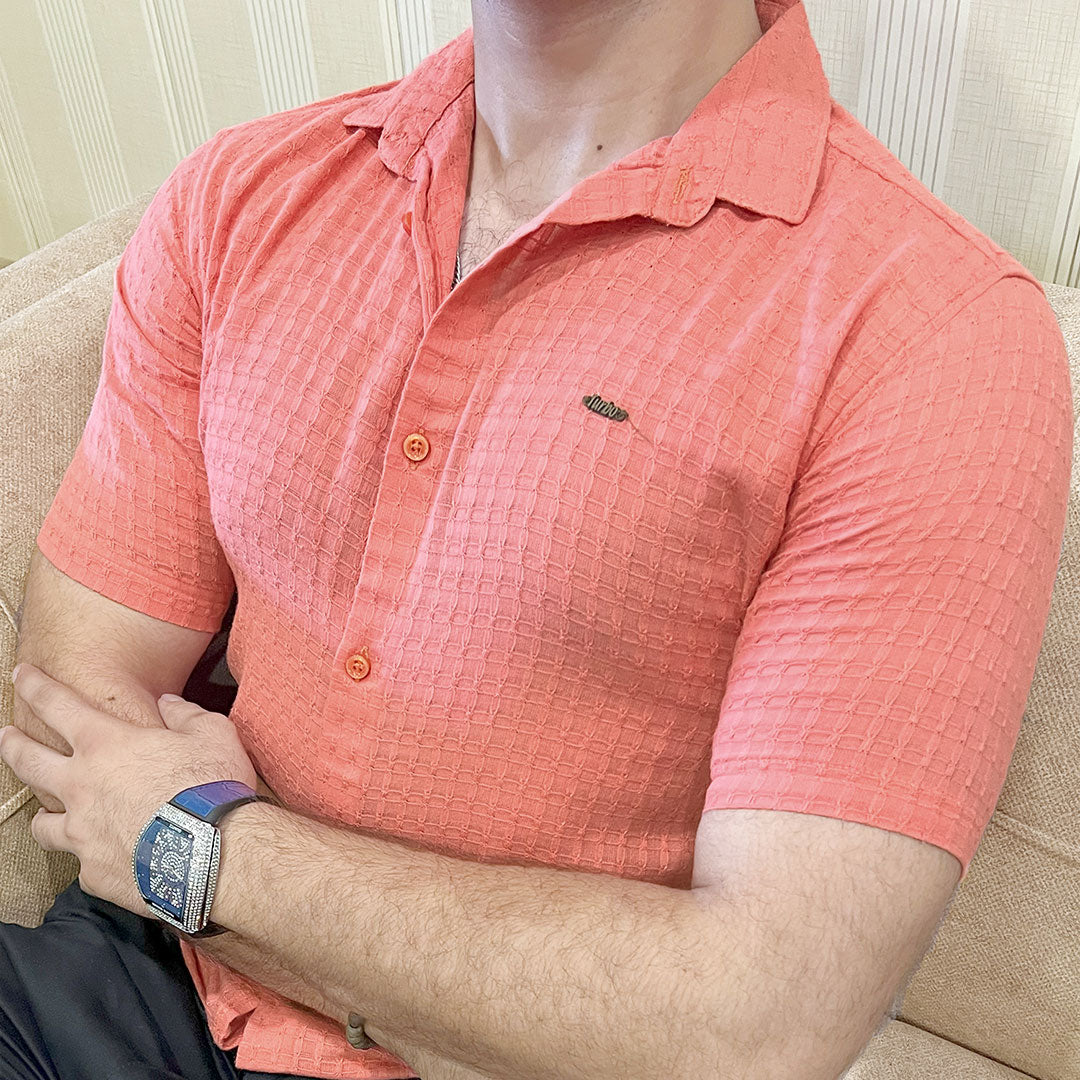 Turbo Designer Motif Embossed Casual Shirt In Pastel Pink