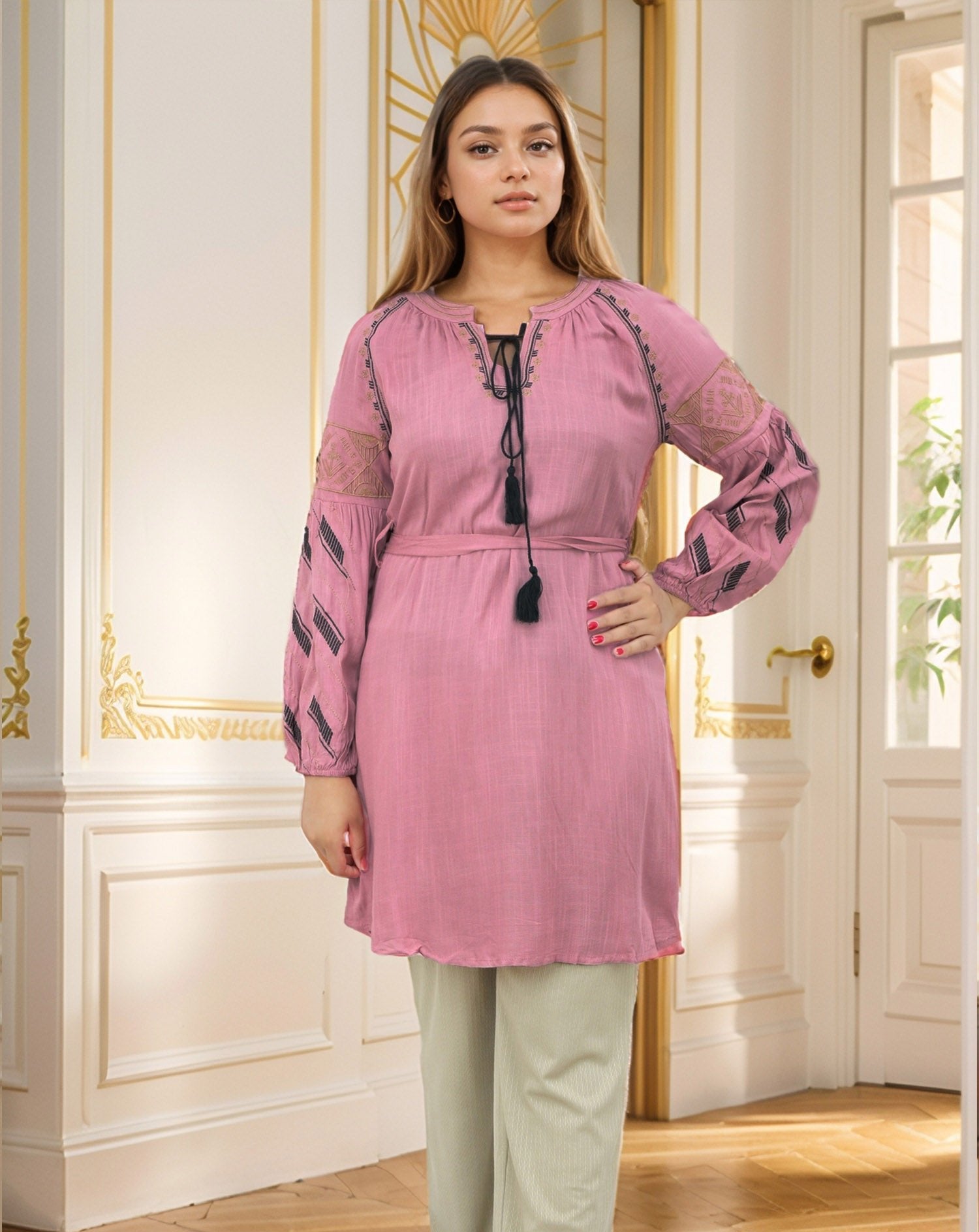 Embroidered Design Puff Sleeve Turkish Imported Top