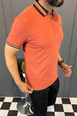 Turbo Contrast Tone Zip Collar Men's Polo Shirt In Red Brick