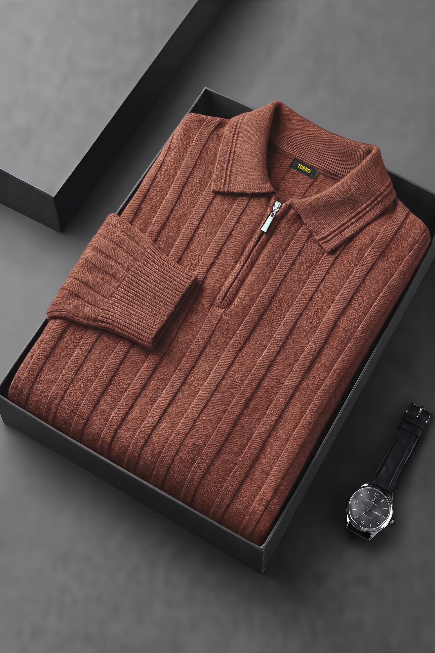 Turbo X Polo Ribbed Texture Quarter-Zip Imported Men's Jumper Sweater In Red Brick