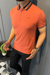 Turbo Contrast Tone Zip Collar Men's Polo Shirt In Red Brick