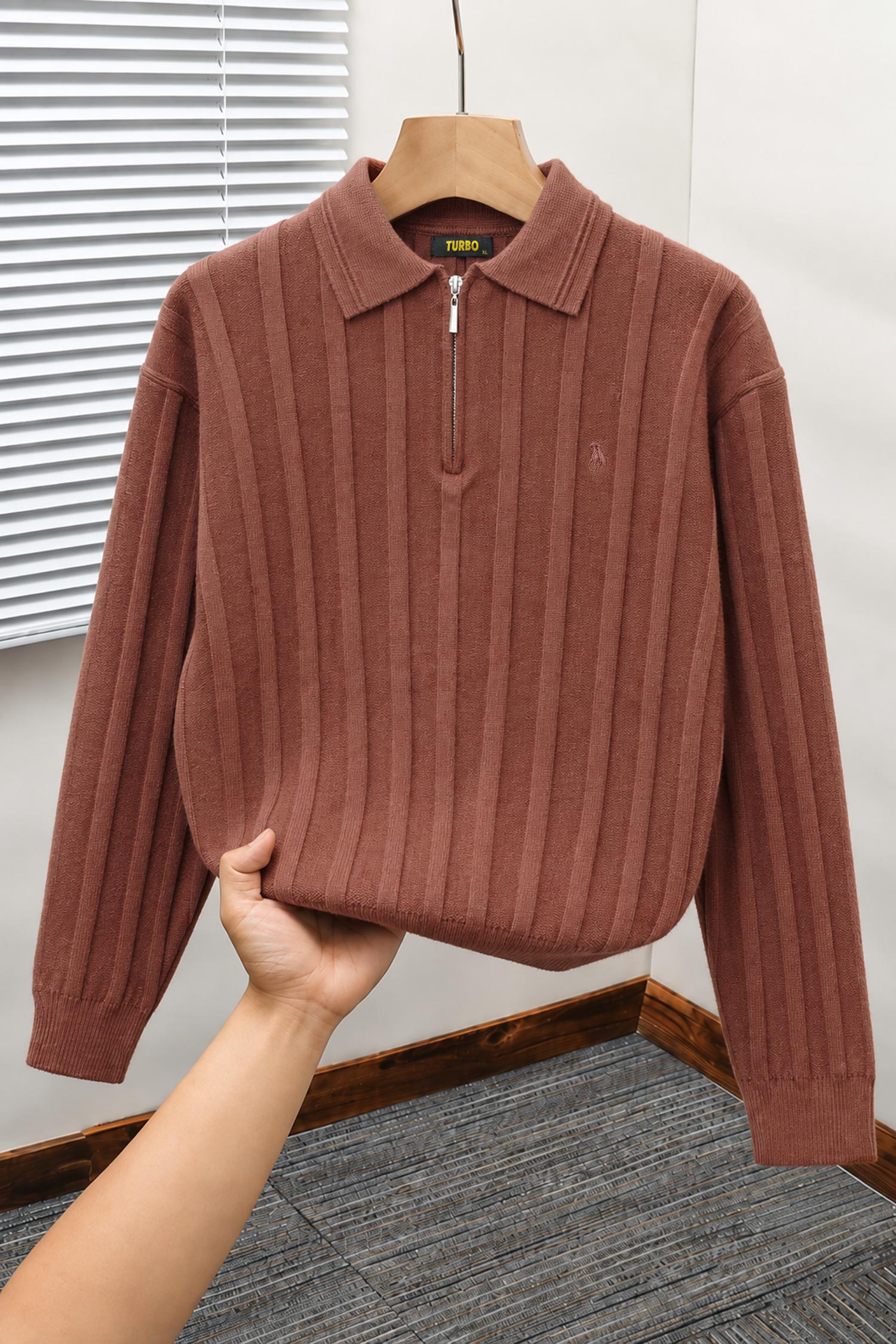 Turbo X Polo Ribbed Texture Quarter-Zip Imported Men's Jumper Sweater In Red Brick