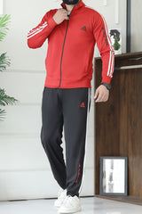 Adds 3 Stripes Signature Mock Neck Zipper Tracksuit In Black&Red