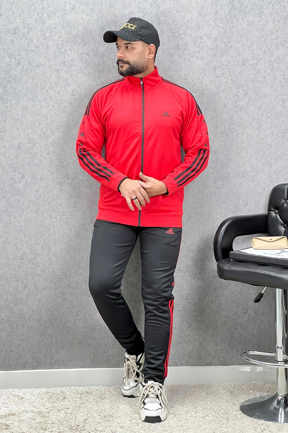 Adds Siganture Slogan Mock Neck Fine Interlock Men Zipper Tracksuit In Red