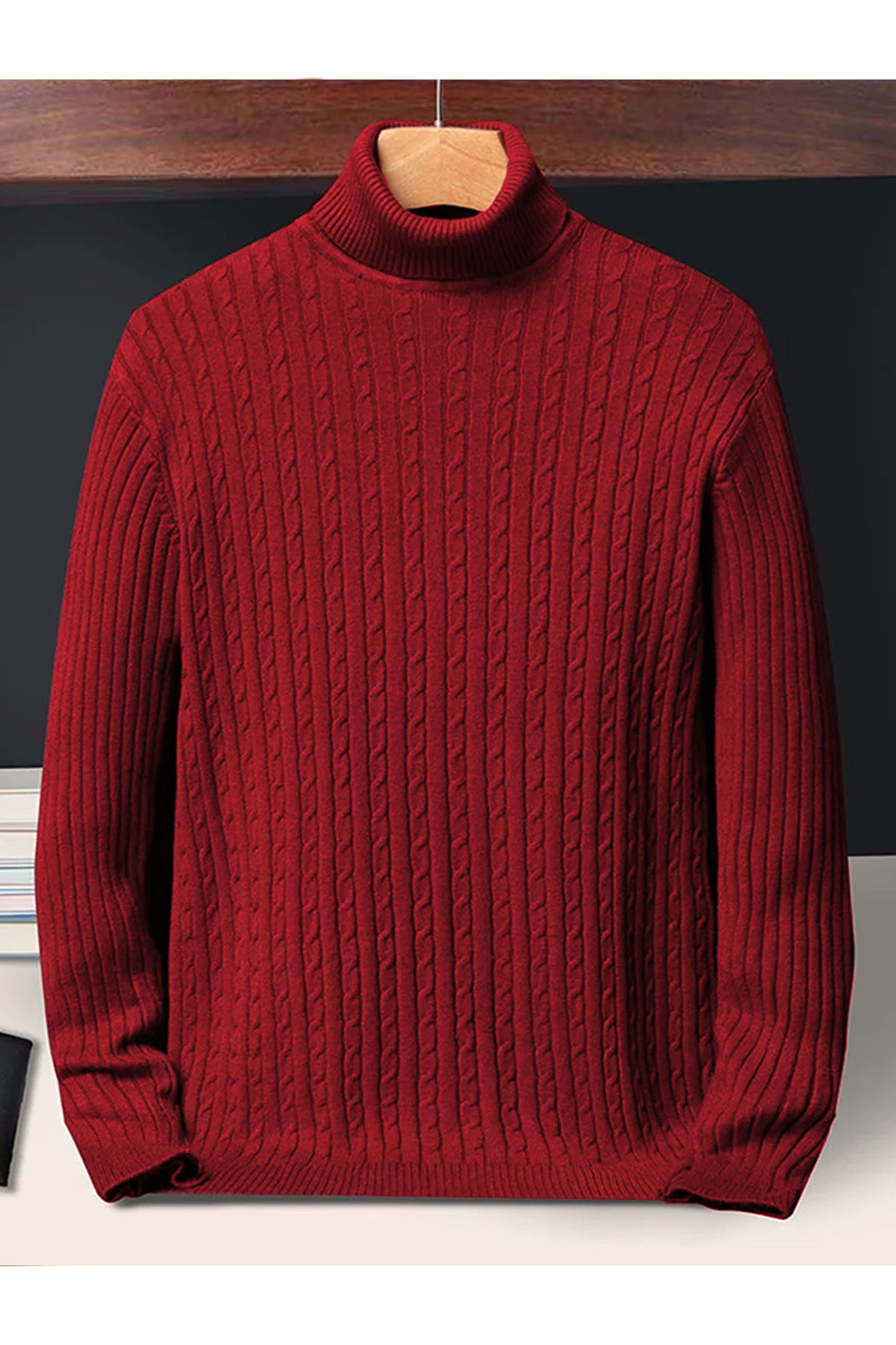 Textured Pattern Turtleneck Cashmere High Neck In Red