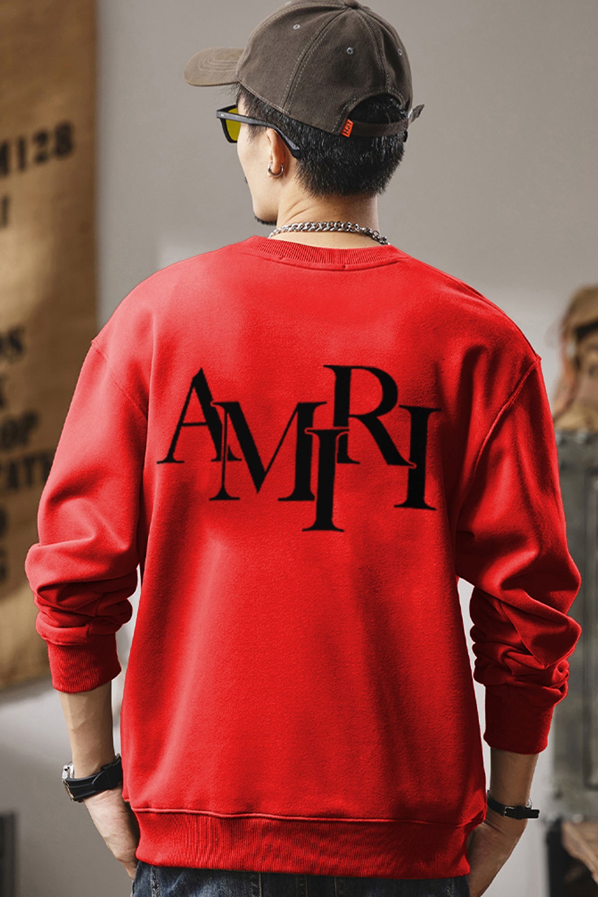 Amri Slogan Signature Crew Neck Full Sleeves Men's Sweatshirt Red