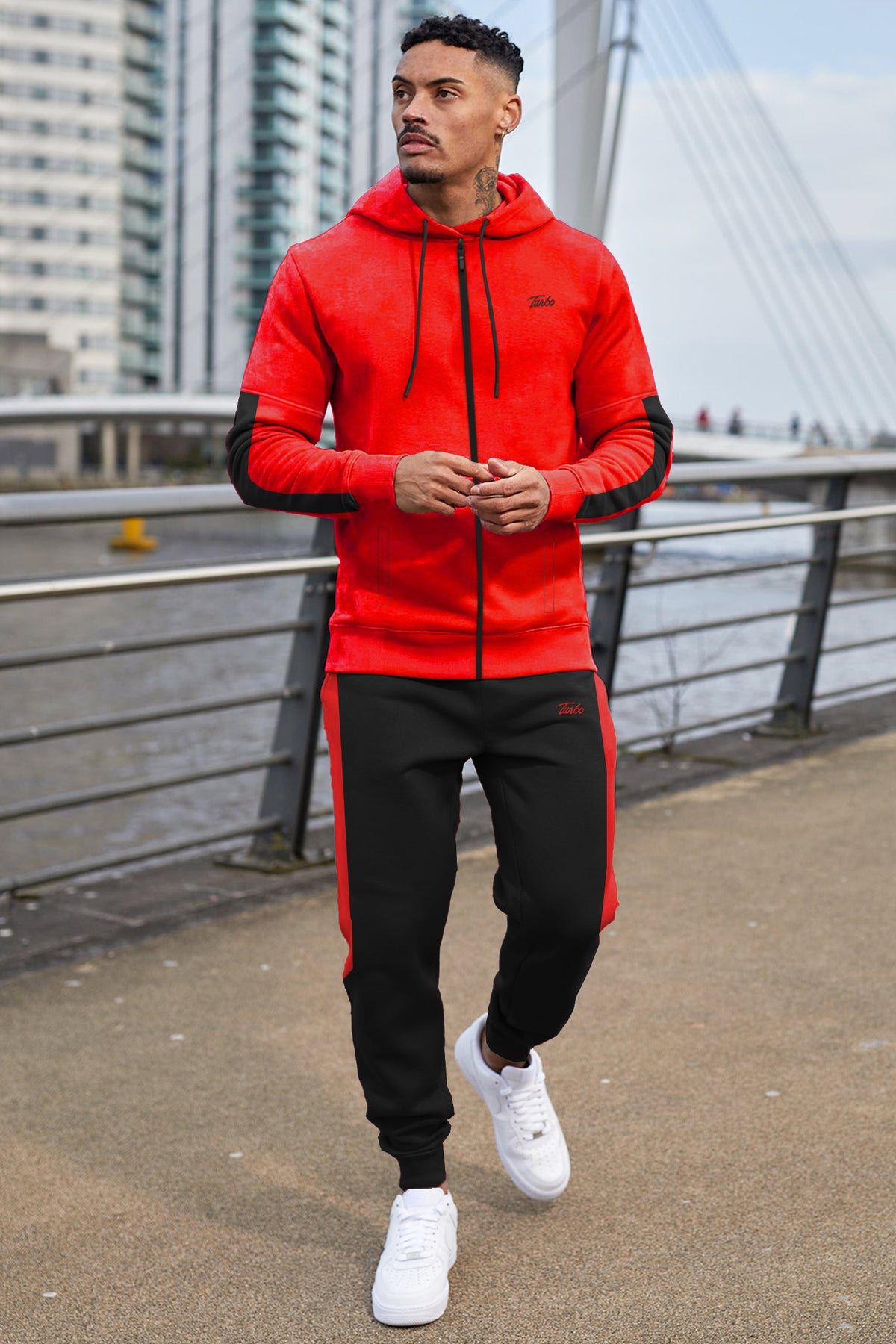 Turbo Hood Style Men Zipper Tracksuit In Red