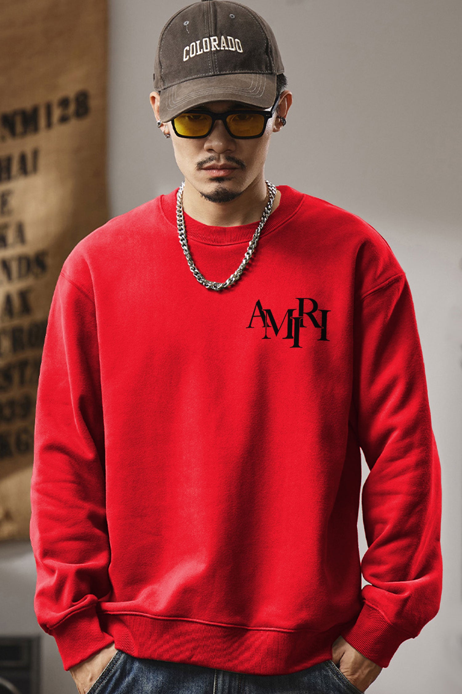 Amri Slogan Signature Crew Neck Full Sleeves Men's Sweatshirt Red