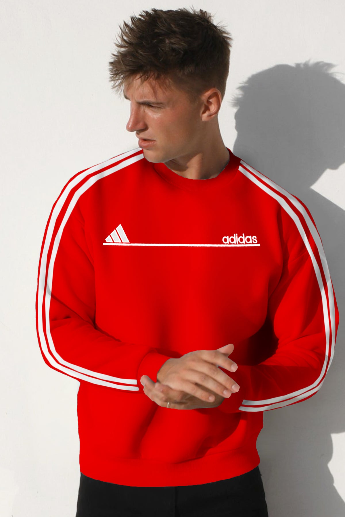 Adds Signature 3 Stripes Full Sleeves Men's Sweatshirt In Red