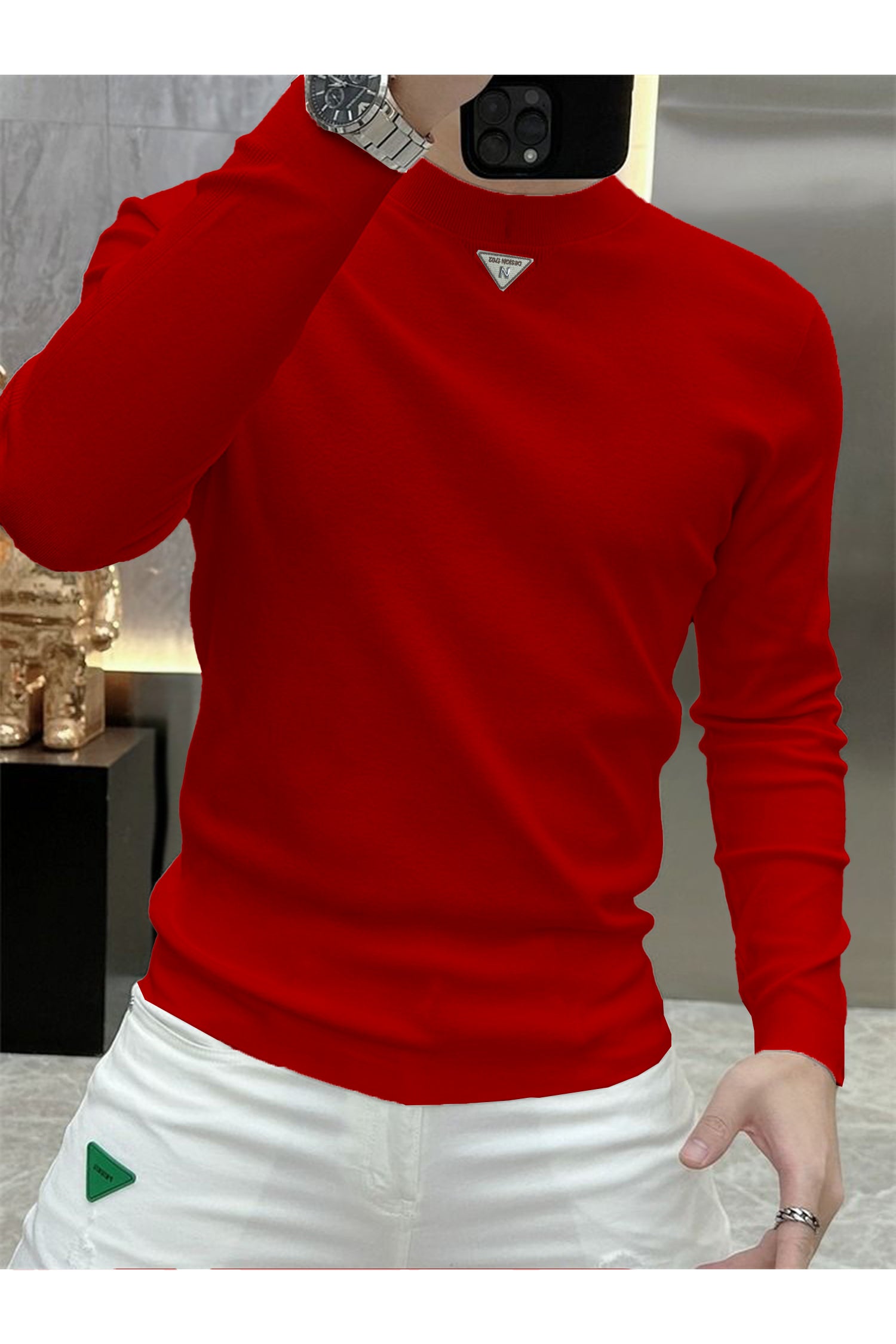 Warm Mock Neck Full Sleeves Men's Sweatshirt In Red