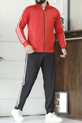 Adds 3 Stripes Signature Mock Neck Zipper Tracksuit In Black&Red