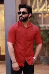 Embossed  Circles All Over Casual Shirt In Red