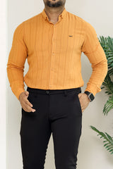 Turbo Self Stripe Motif Long Sleeve Cotton Casual Shirt In Mustard