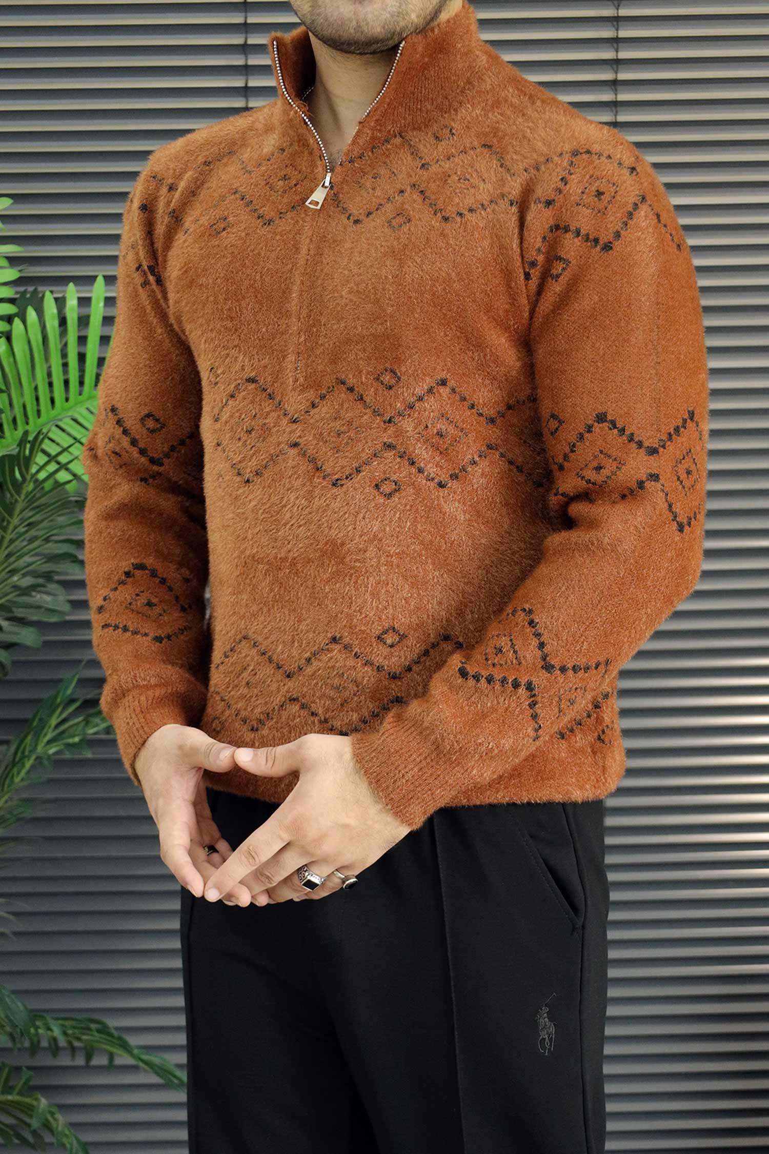 Men's Geometric Pattern Half-Zip Knit Imported Rabbit Wool Men's Sweater In Rust