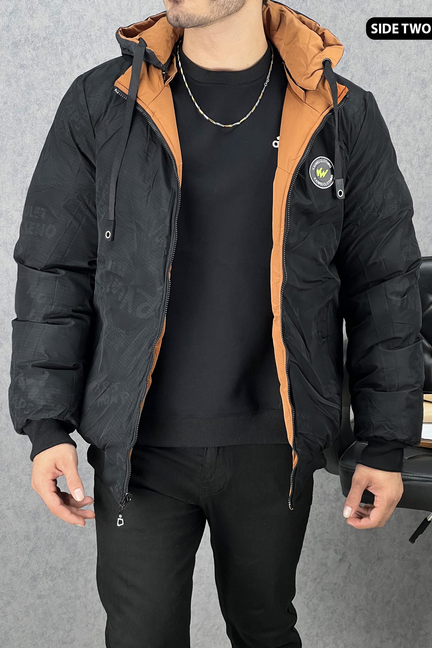 Zipper Motif Quited Hooded Big Size Imported Puffer Jacket