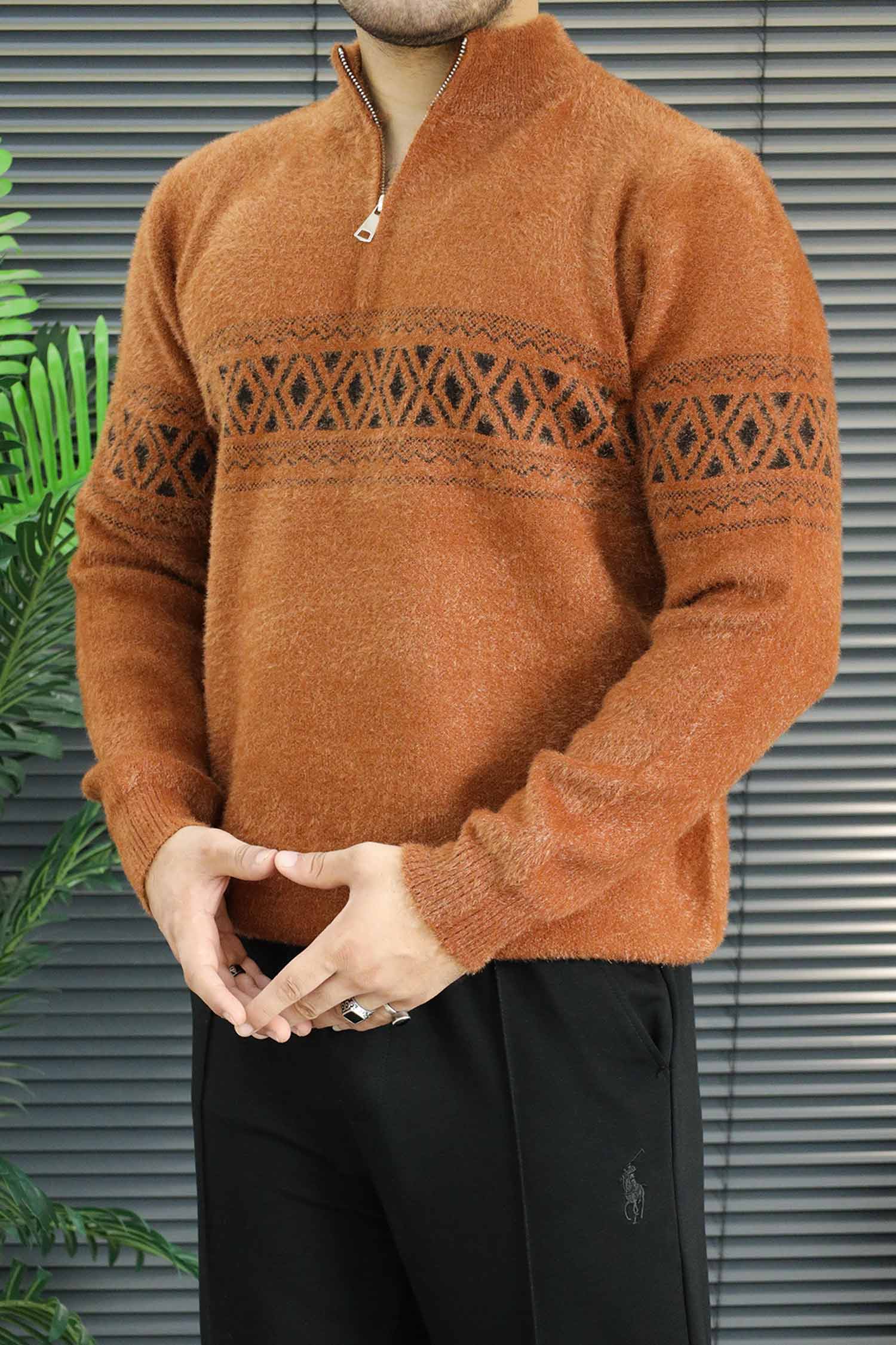 Men's Chunky Half Zipper Knit Imported Rabbit Wool Men's Sweater In Rust