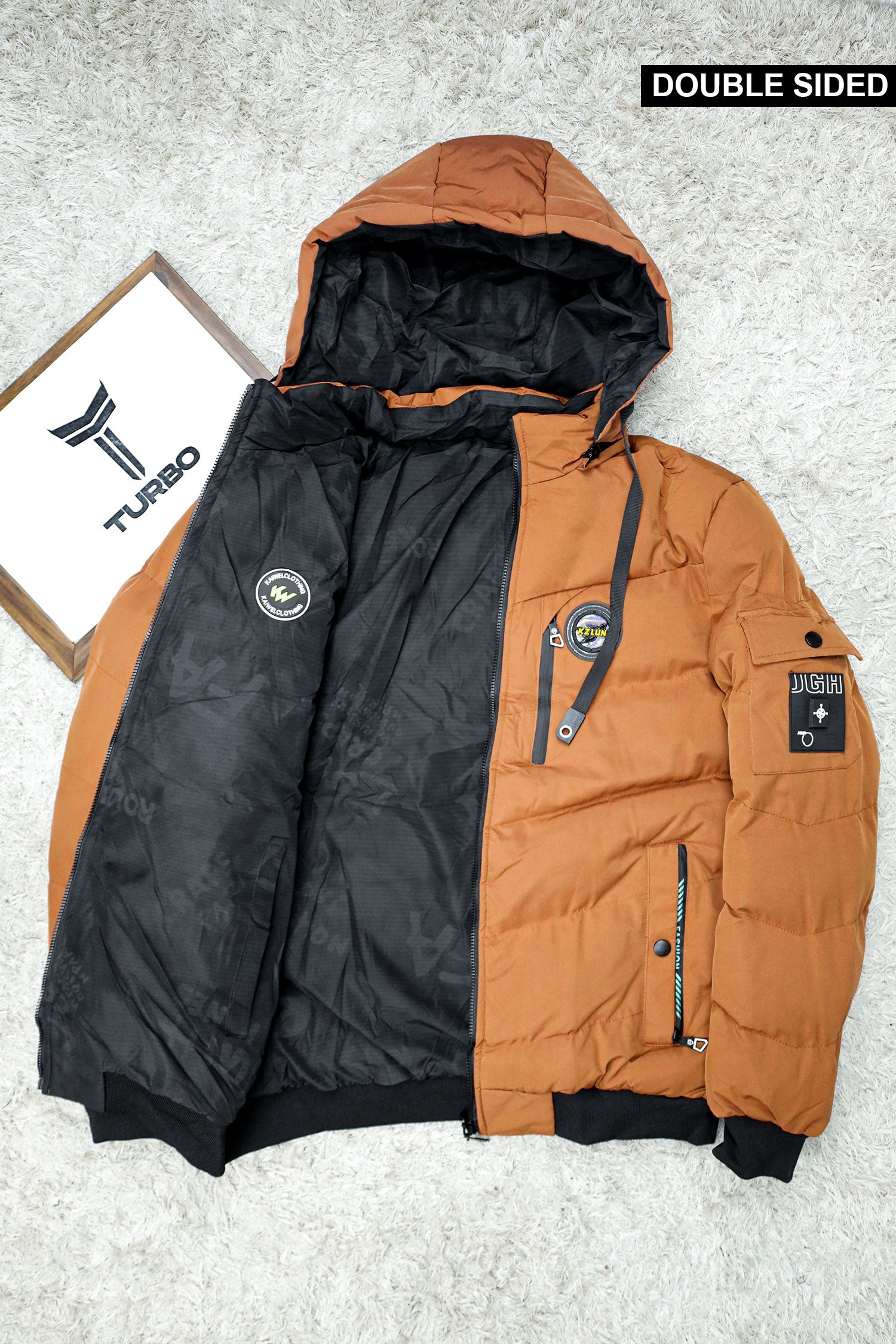 Zipper Motif Quited Hooded Big Size Imported Puffer Jacket