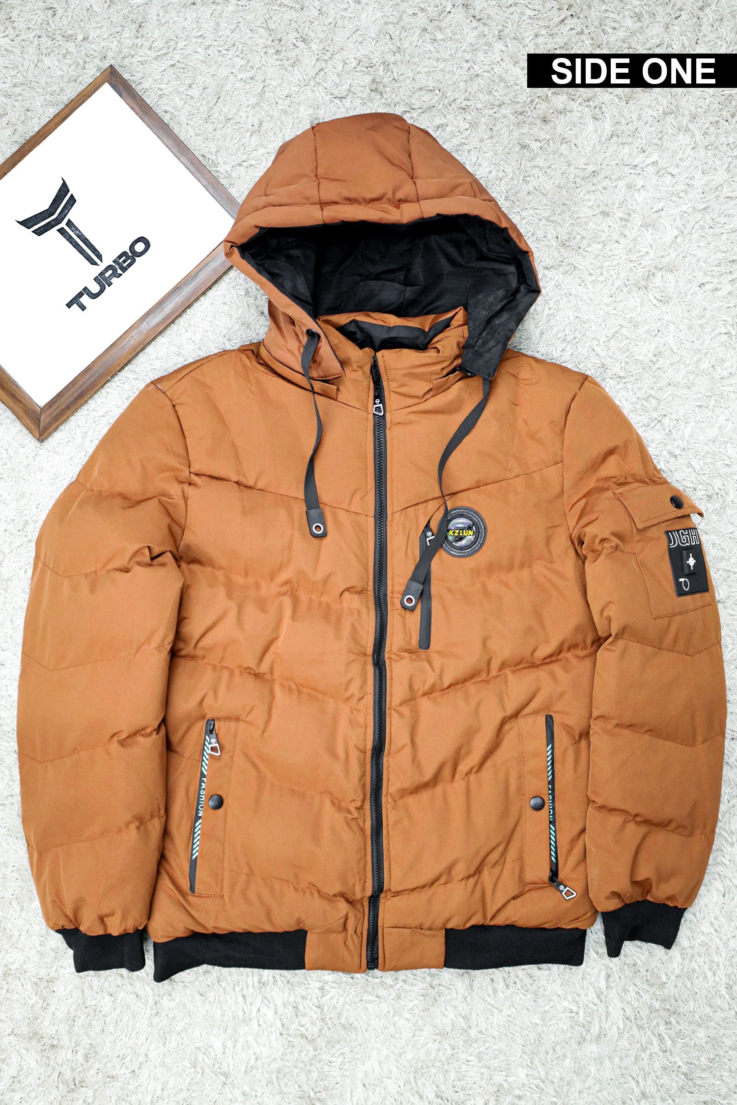 Zipper Motif Quited Hooded Big Size Imported Puffer Jacket