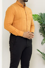 Turbo Self Stripe Motif Long Sleeve Cotton Casual Shirt In Mustard