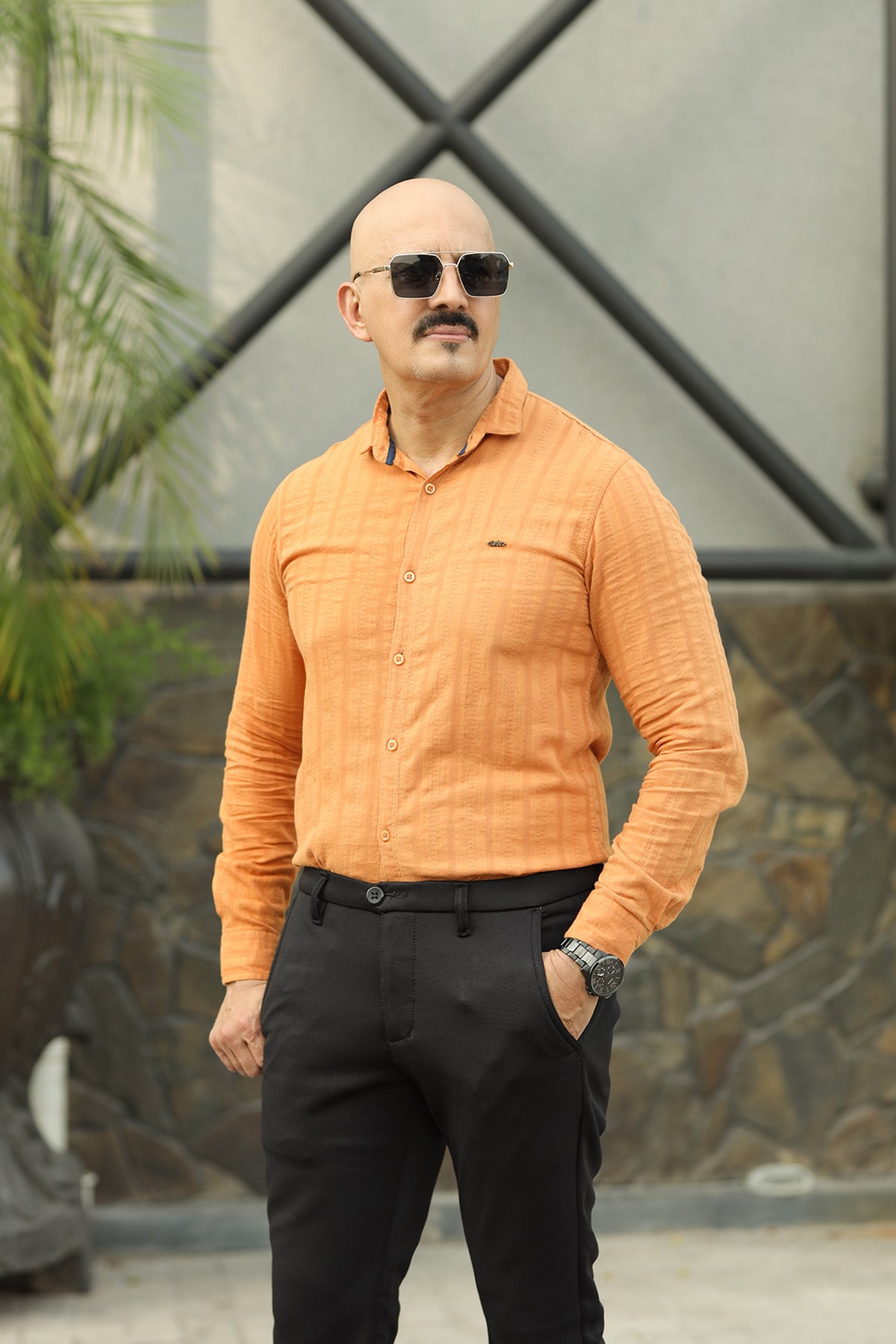 Turbo Self Stripe Motif Long Sleeve Cotton Casual Shirt In Mustard