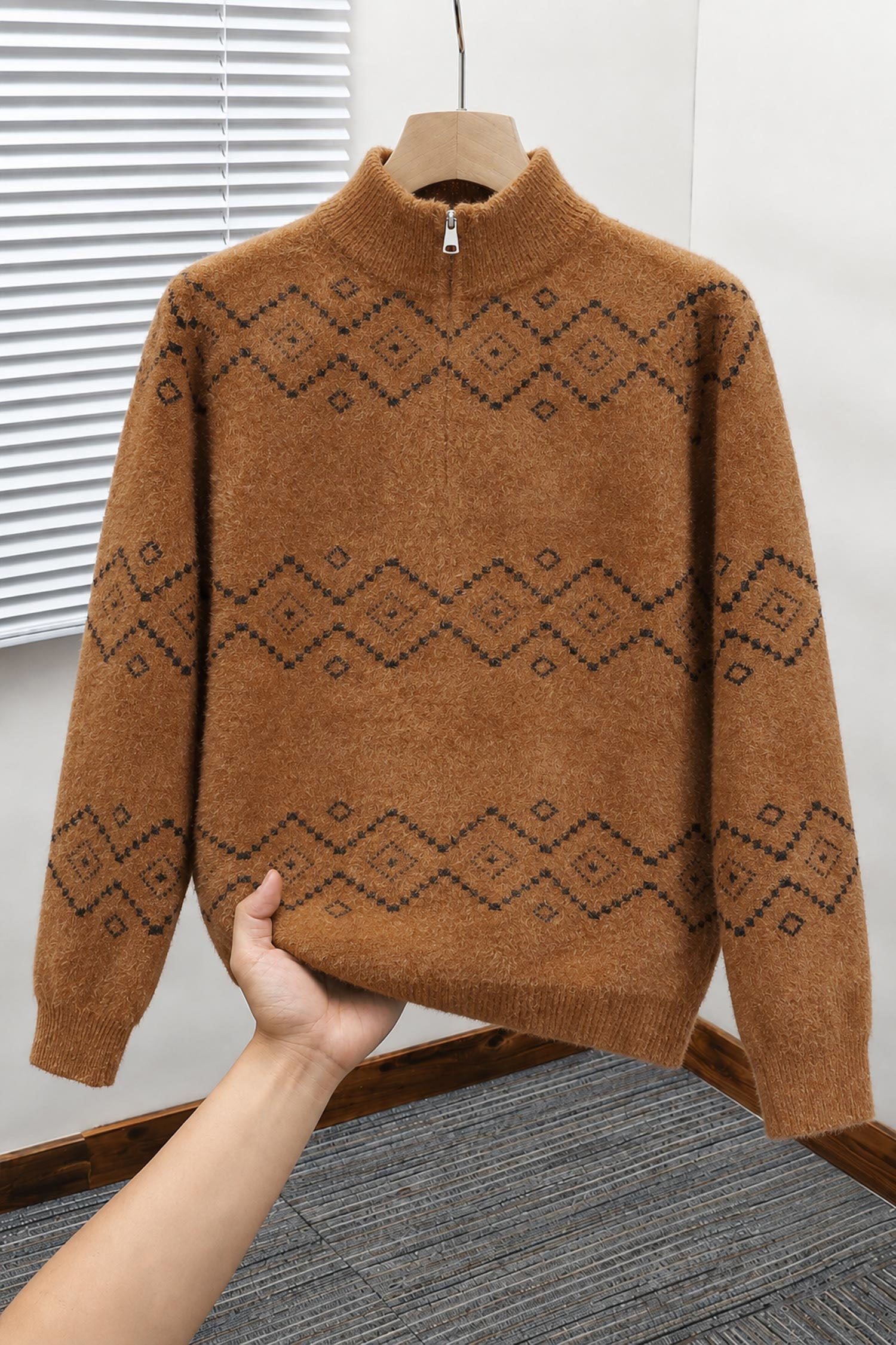 Men's Geometric Pattern Half-Zip Knit Imported Rabbit Wool Men's Sweater In Rust