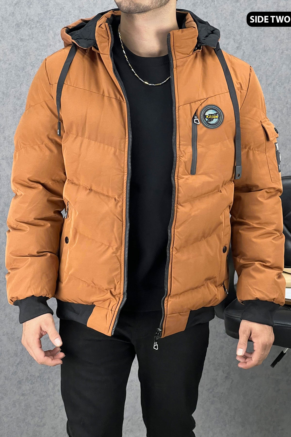 Zipper Motif Quited Hooded Big Size Imported Puffer Jacket