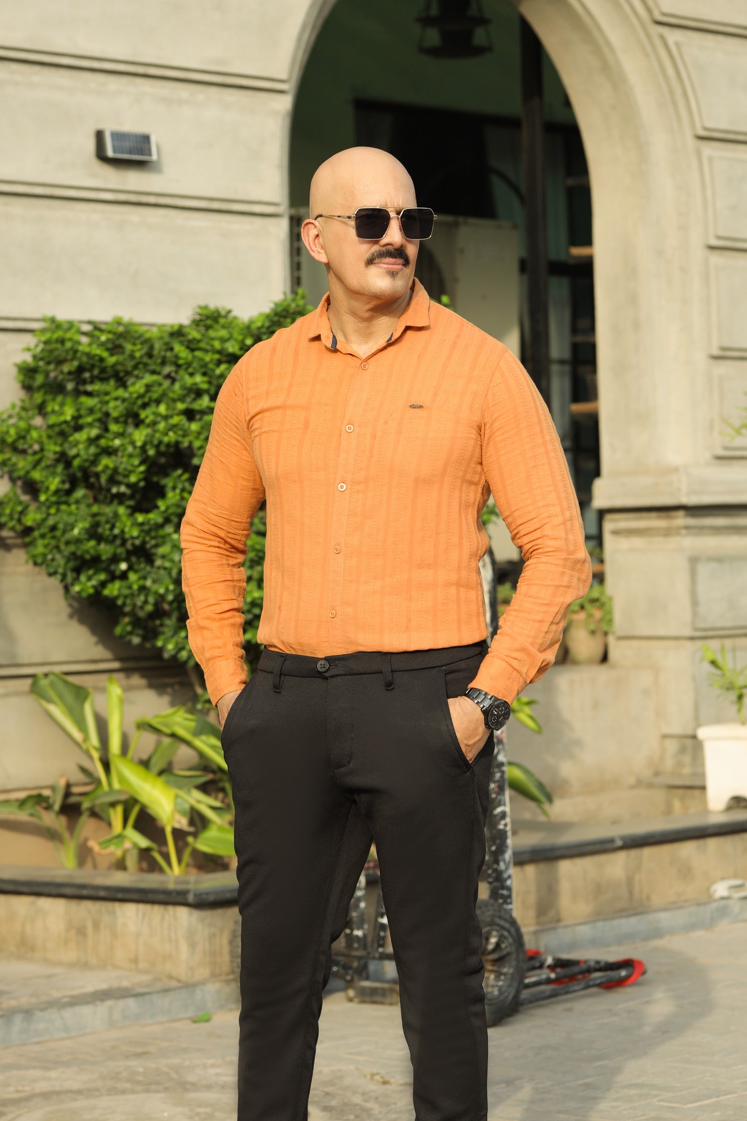 Turbo Self Stripe Motif Long Sleeve Cotton Casual Shirt In Mustard