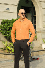 Turbo Self Stripe Motif Long Sleeve Cotton Casual Shirt In Mustard