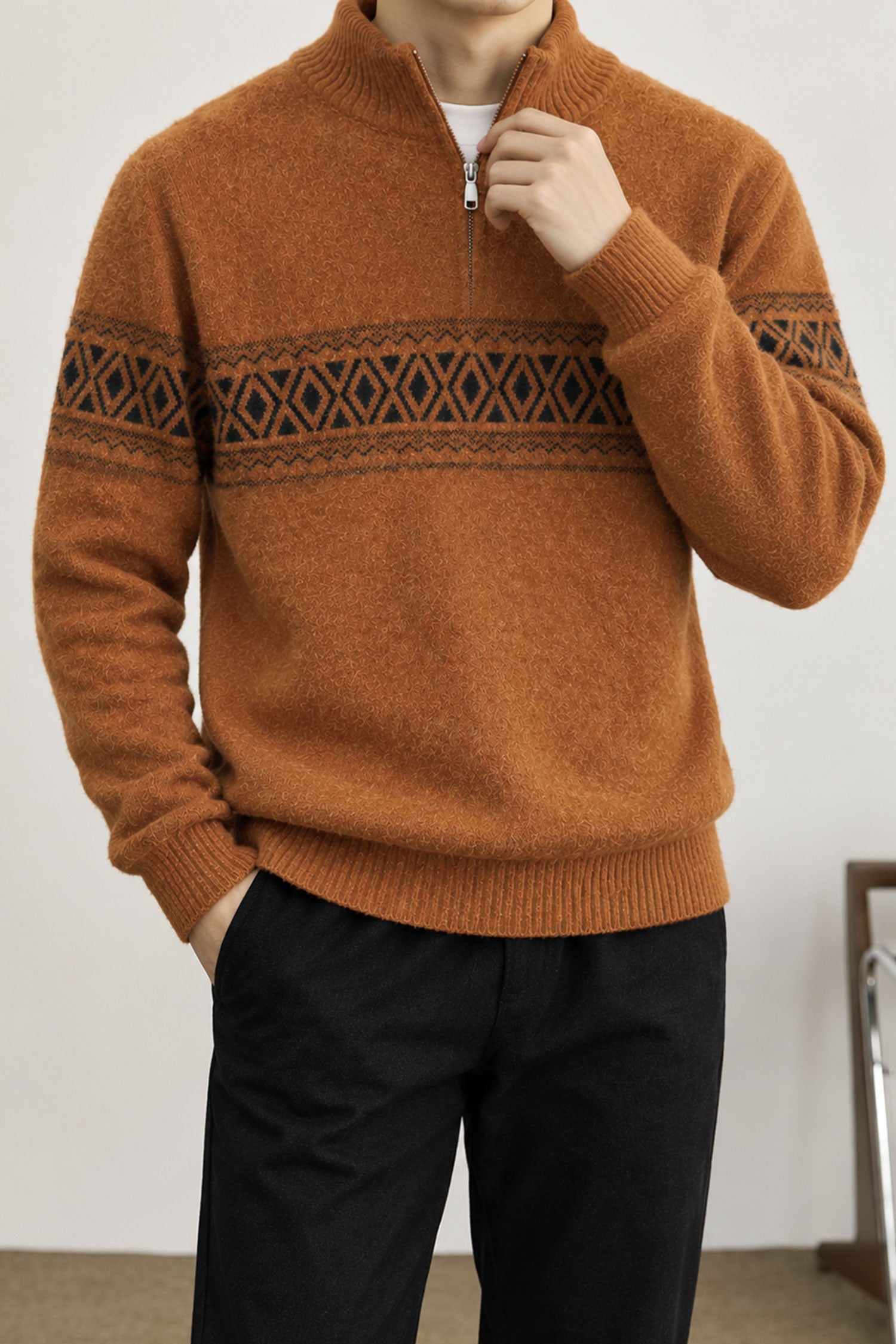 Men's Chunky Half Zipper Knit Imported Rabbit Wool Men's Sweater In Rust