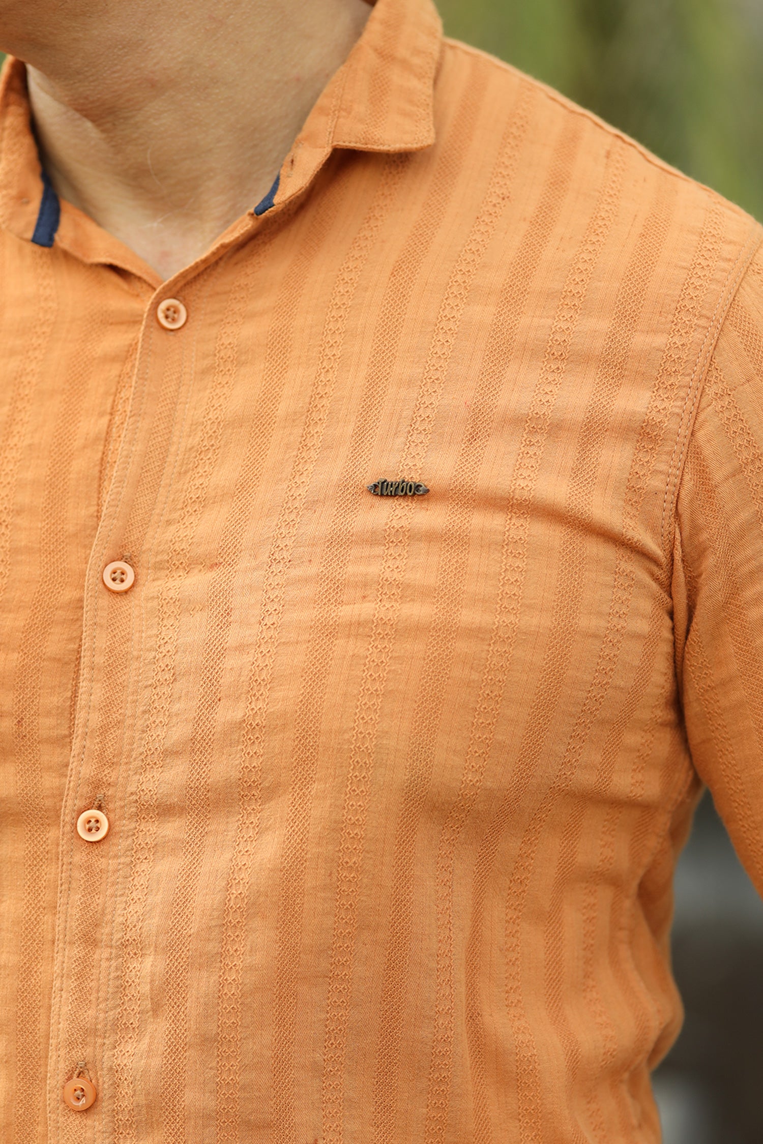 Turbo Self Stripe Motif Long Sleeve Cotton Casual Shirt In Mustard