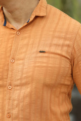 Turbo Self Stripe Motif Long Sleeve Cotton Casual Shirt In Mustard