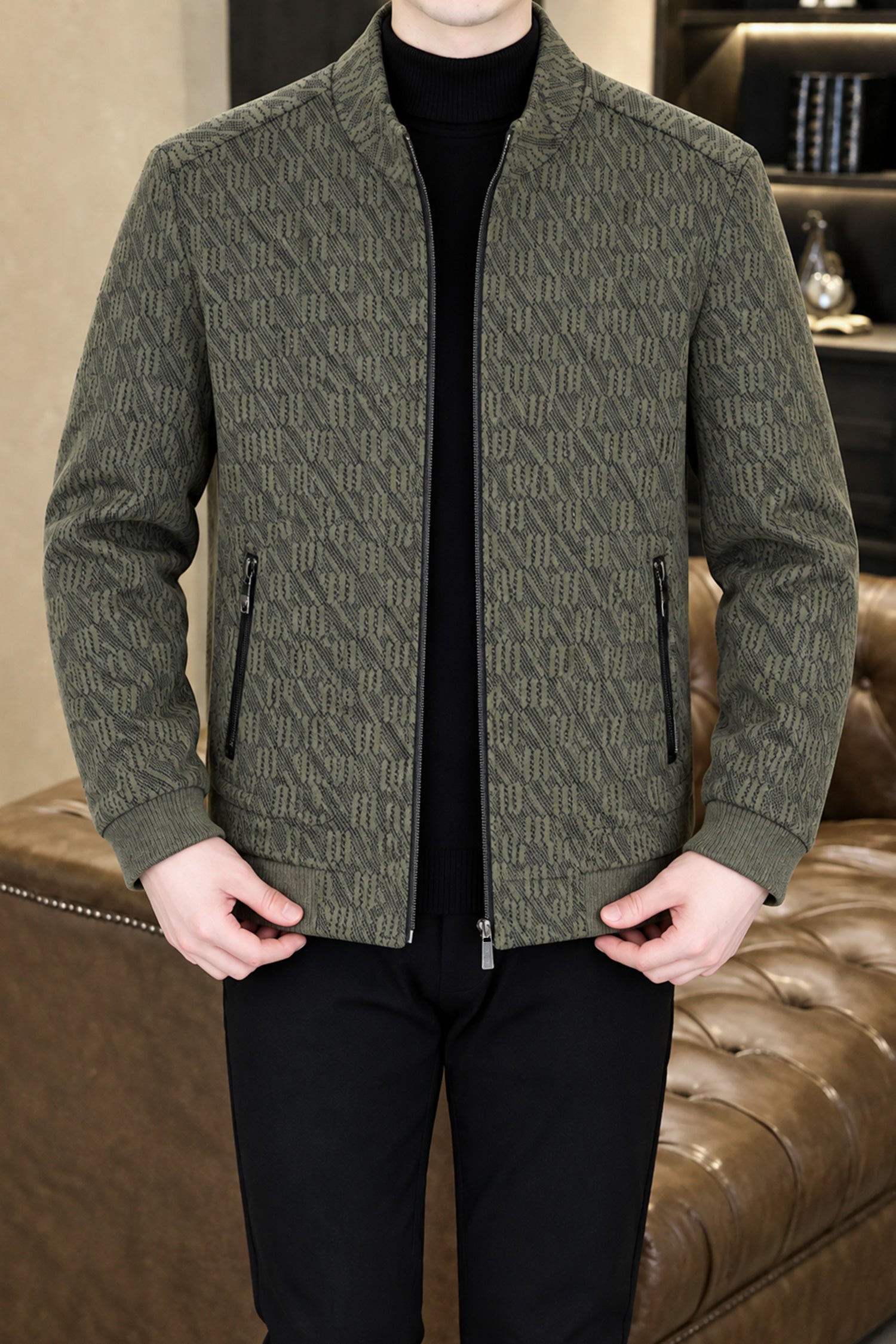 Turbo x Polo Jacquard Pattern Imported Men's Wool Jacket In Sage