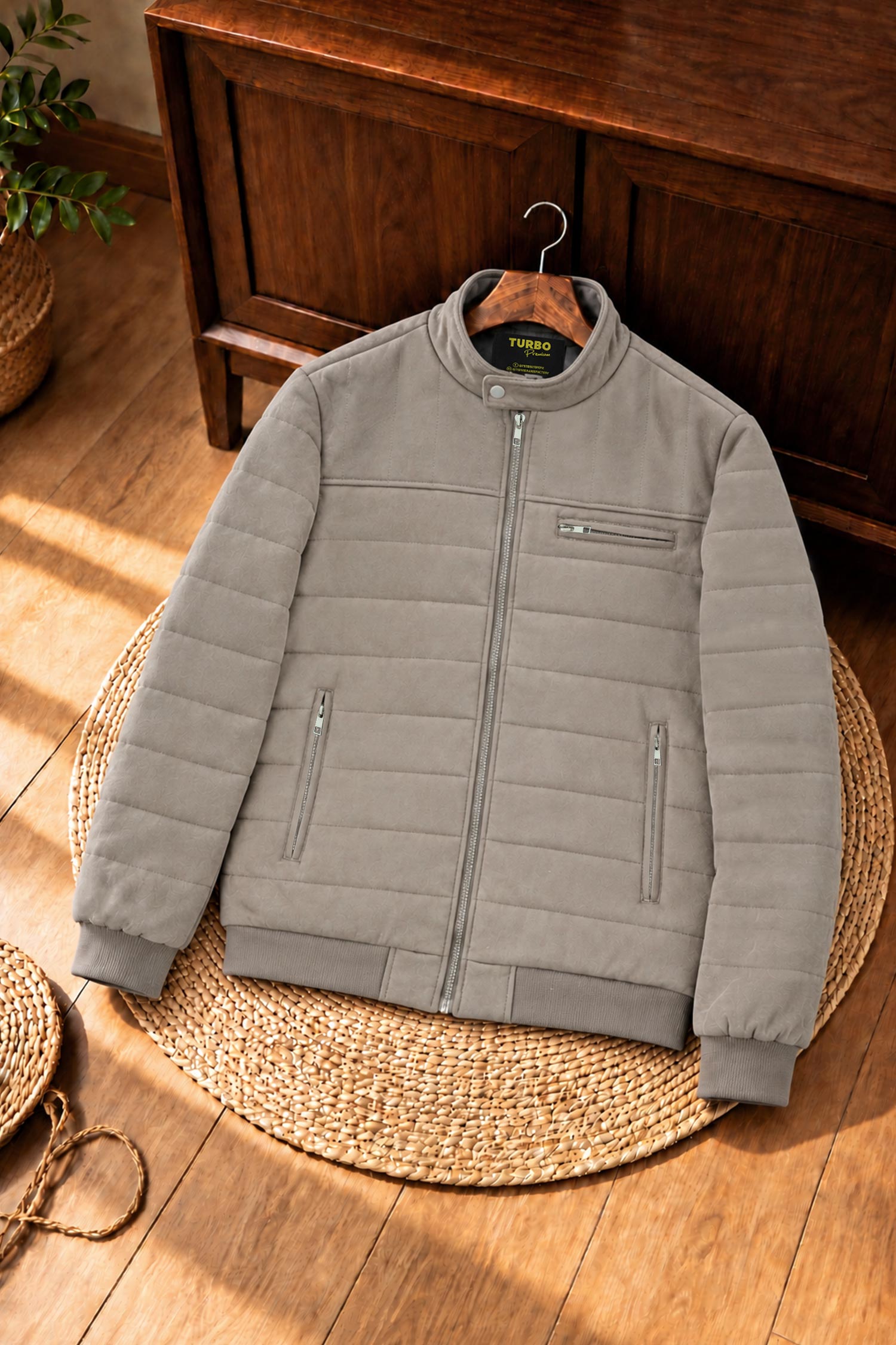 Turbo Quilted Bomber-Effect Imported Men's Suede Jacket In Sage